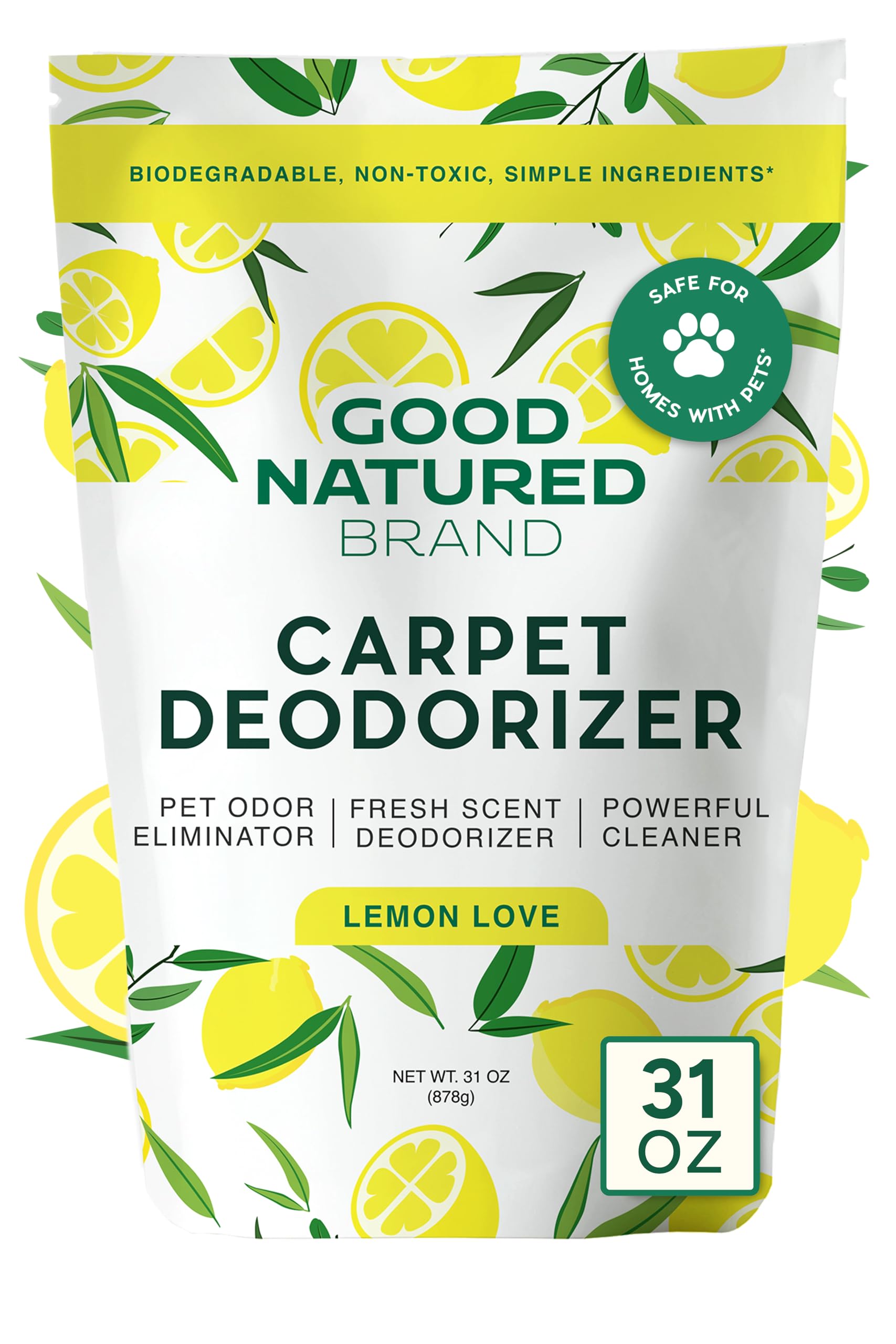 Carpet Deodorizer & Freshener Powder | 31 oz Pet Odor Eliminator for Strong Odor & Pet Urine | Fresh Natural Lemon & Eucalyptus Scent | Safe for Homes with Pets