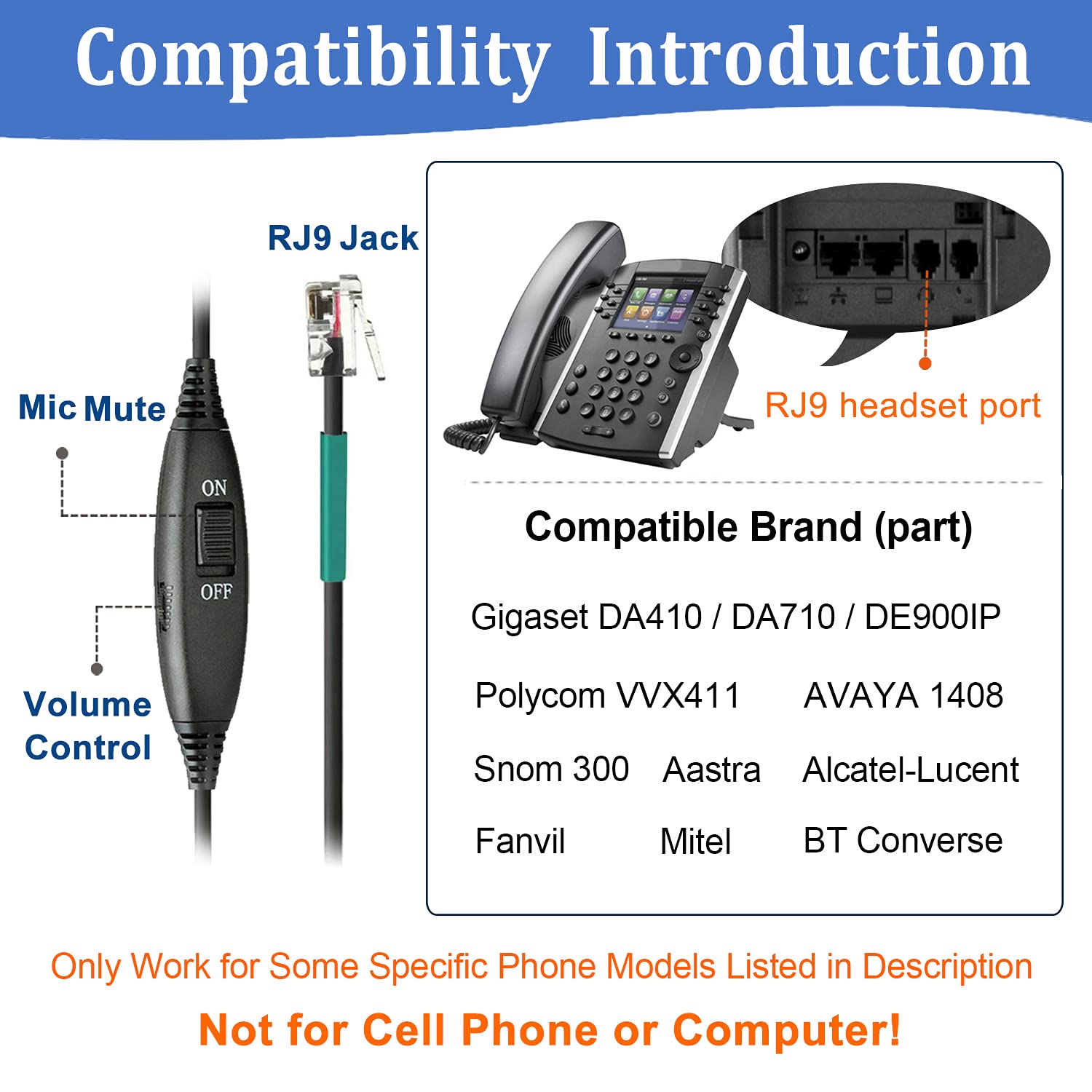 Casque Téléphone Fixe RJ9 avec Micro Anti-Bruit, Oreillette Filaire pour Aastra 6757i Fanvil X7C Polycom VVX411 Alcatel Temporis 580 Gigaset DA710 Plantronics Avaya MiVoice Bureau Centre d'appel