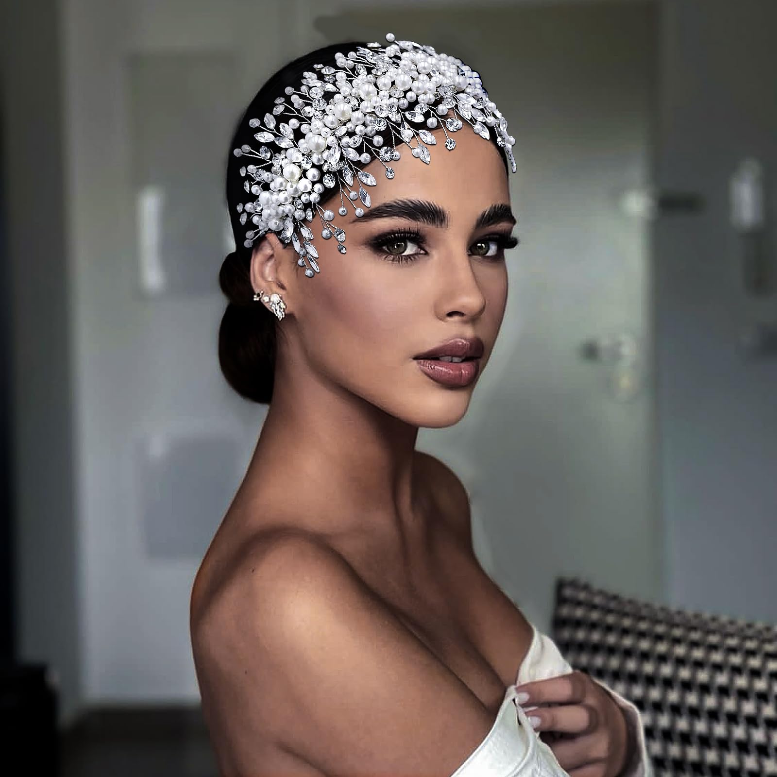 Pearl Rhinestone Bridal Headpiece Wedding Headband Elegant Statement Ivory and Co Odyssey Statement Pearl Cluster Bridal Headband main image 4