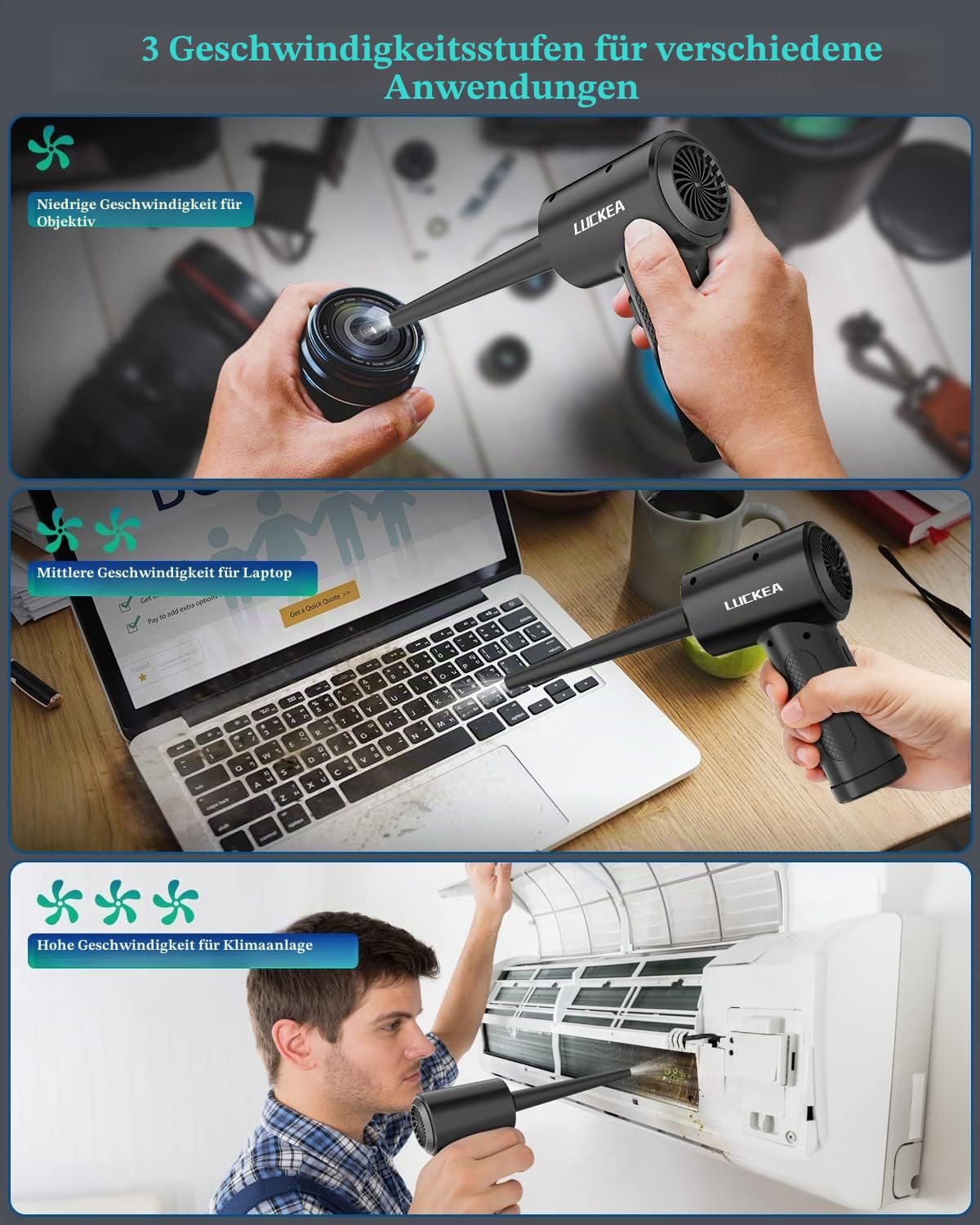Elektrisches Staubgebläse Druckluftspray PC Reinigungsset 3-Gang Air Duster mit LED-Licht