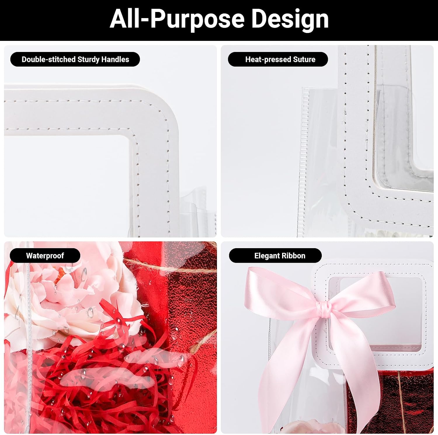 EUSOAR Clear Gift Bags with Handles, 12 Pcs 10"x6"x11" Reusable Party Favor Bags with Pink Ribbon, Heavy Duty PVC Tote Goodie Bag Bulk Shopping Bag for Retail Boutique Groceries Wedding Birthday