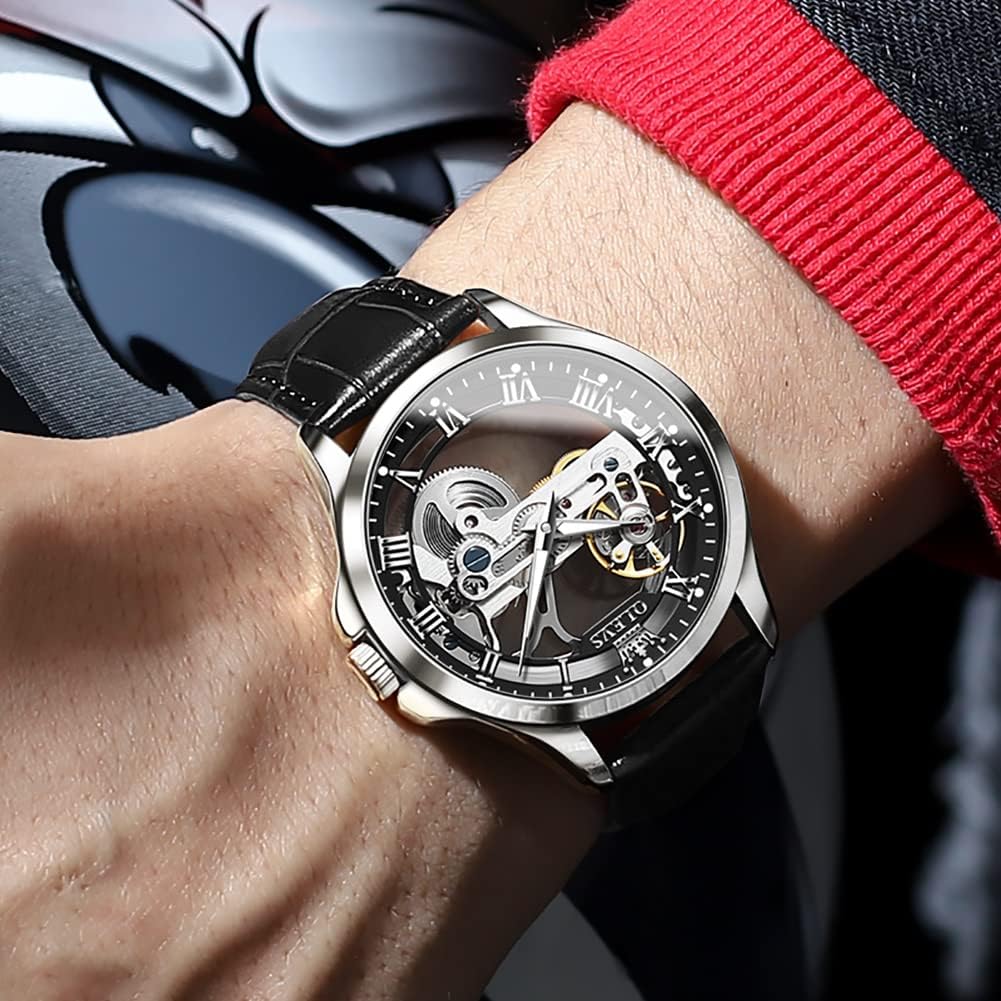 OLEVS Skeleton Watches for Men Automatic Self Winding Mechanical Luxury Dress Leather Waterproof Luminous Men Wrist Watch - Image 4