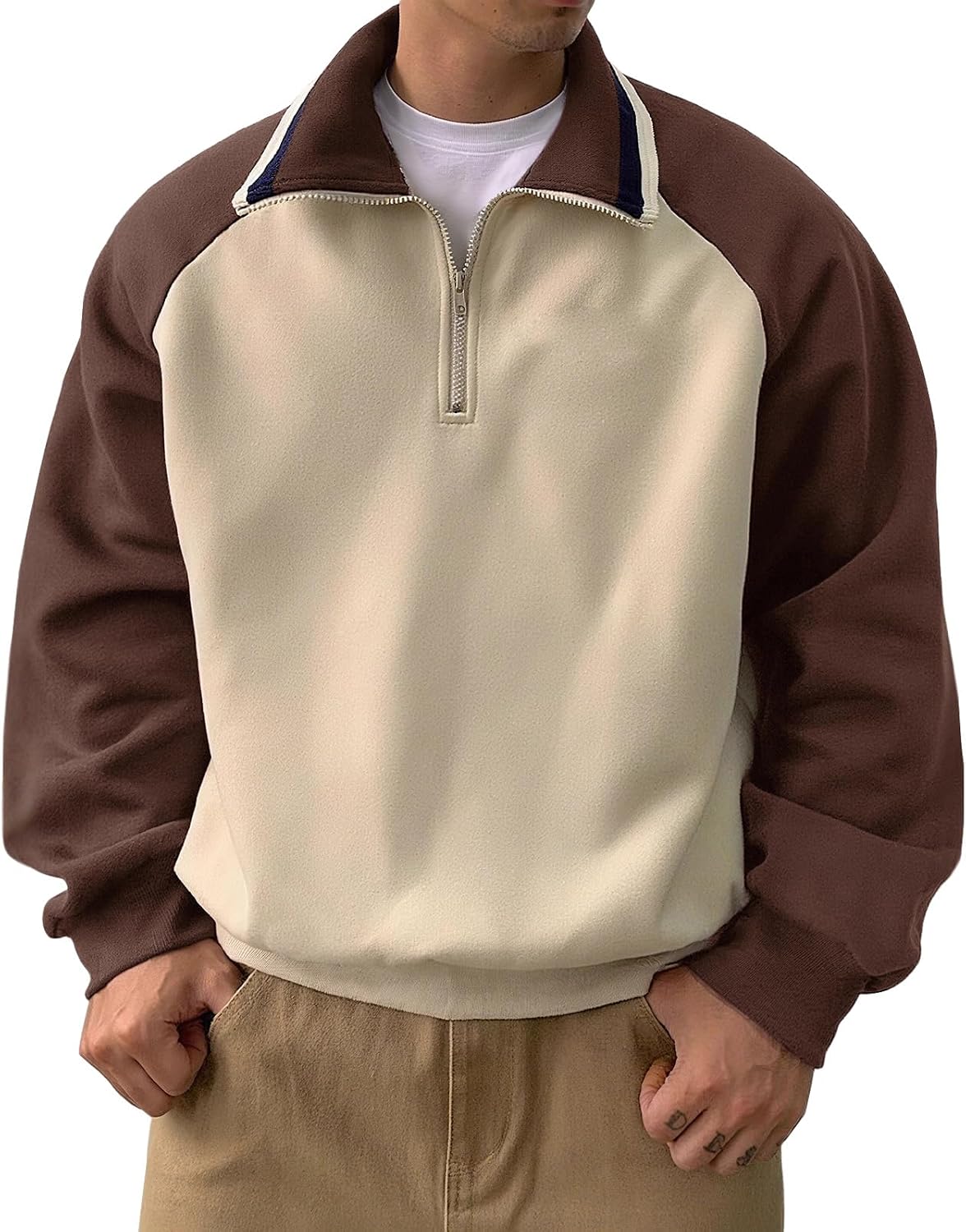 Ymosrh Men's Sweater Long Sleeve Color Block Quarter Zip Pullover Casual Athletic Knit Sweater, S-2XL