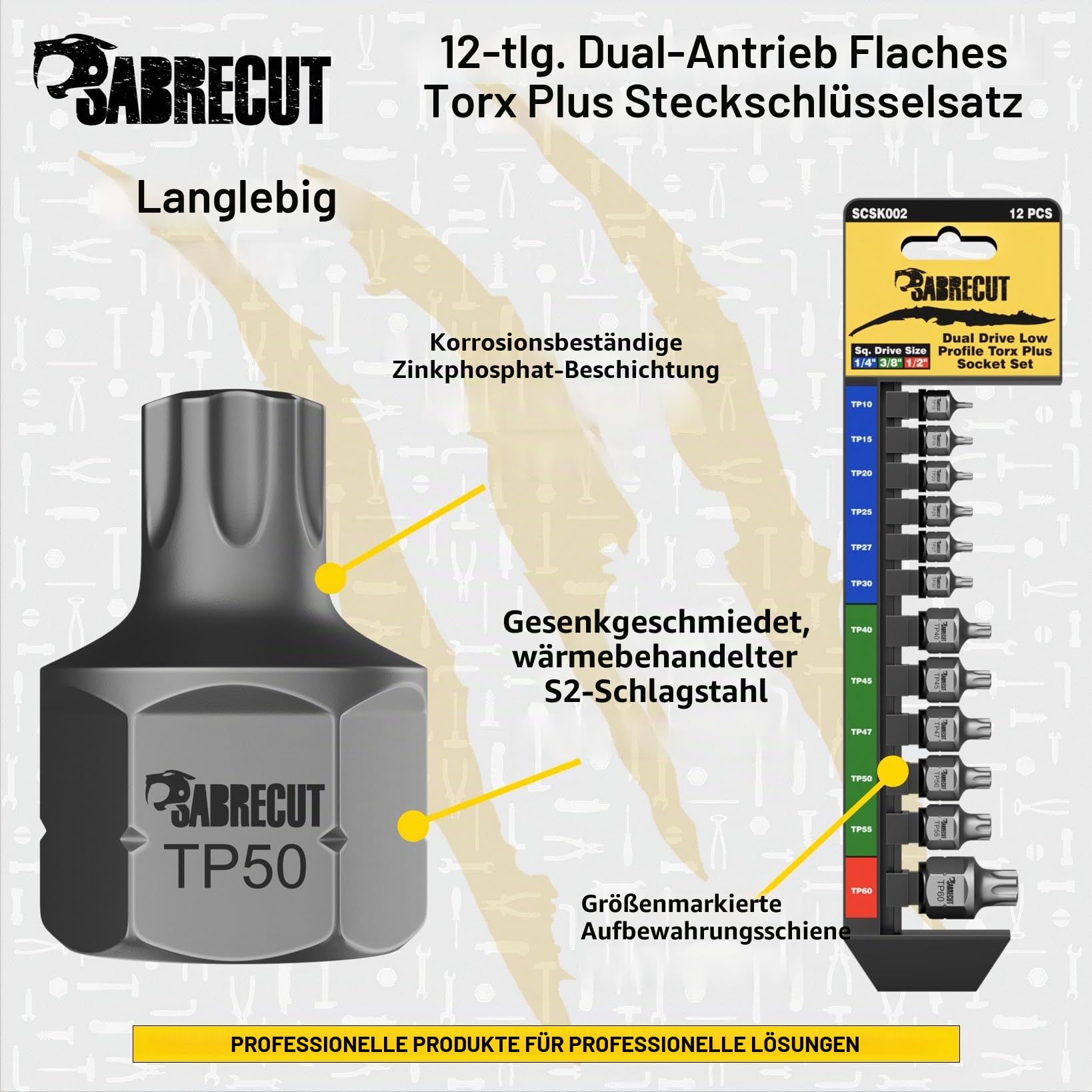 SabreCut 12pcs SCSK002 1/4" 3/8" 1/2" Square Socket & Bit Set Langlebig | Drop geschmiedet, gehärtet S2 Impactfestigkeit steel bietet high torque Haltbarkeit in an ultra low profile socket design