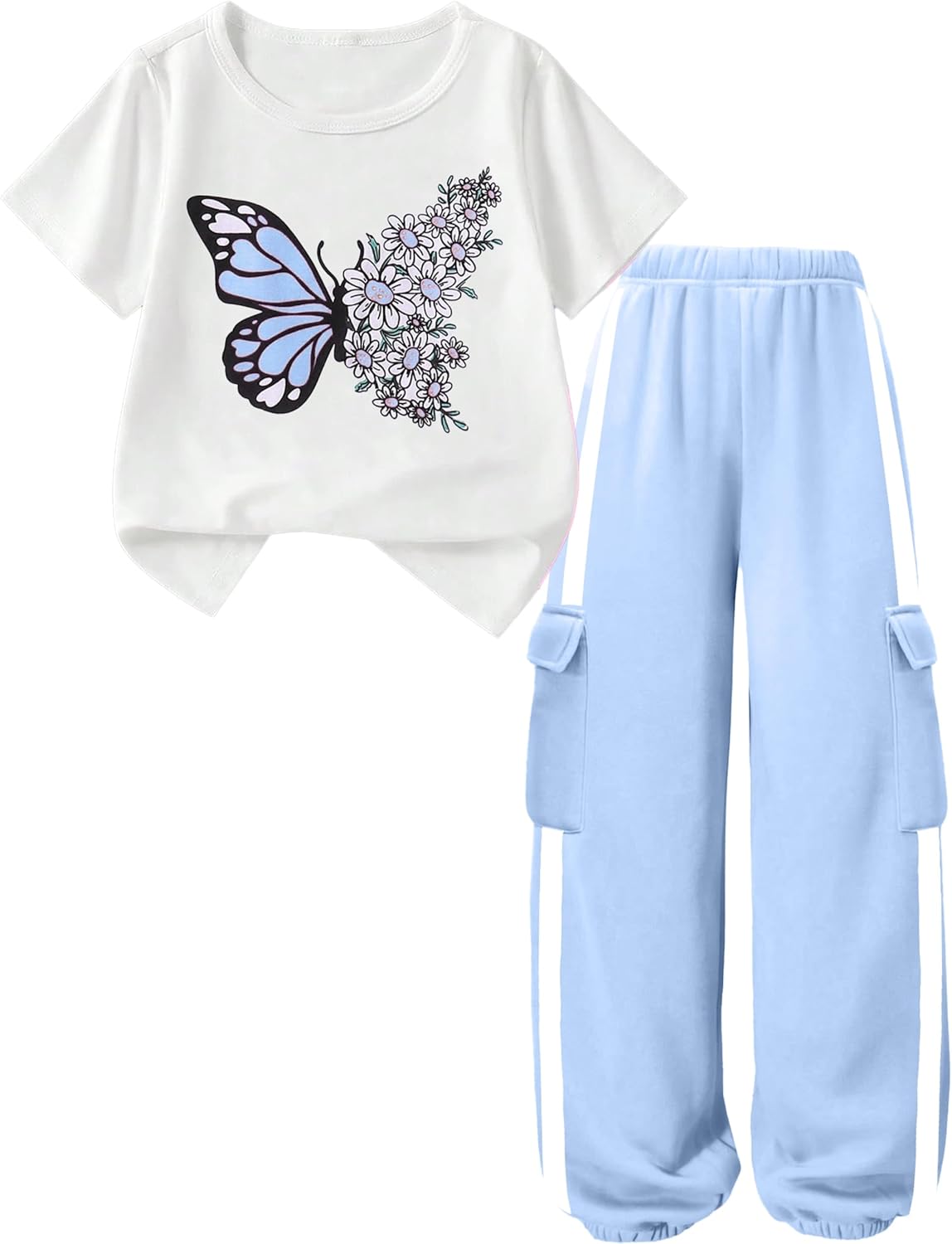 Girls 2 Piece Outfits Kids Short Sleeve T-Shirt Top Cargo Pants Sweatsuit Tracksuit Jogger Sweatpants Sets 4-13Y