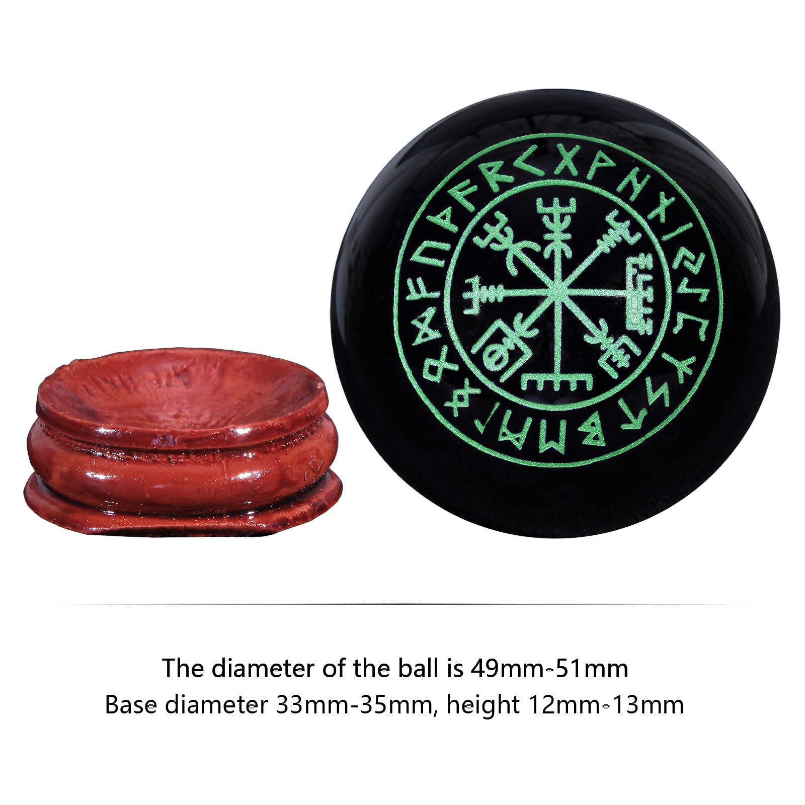 Rockcloud Healing Crystal Green Runes Black Obsidian Stone Sphere Meditation Ball with Wooden Base for Home Decoration