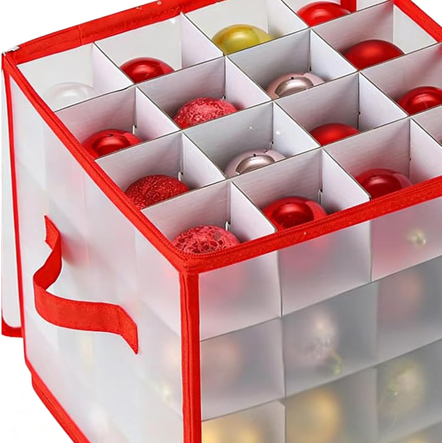 Christmas Ornament Storage Box - Stores 64 Balls Bin | Waterproof Double Zipper Ornament Organizer with Dividers and Handles | for Holiday Decor Attic Basement