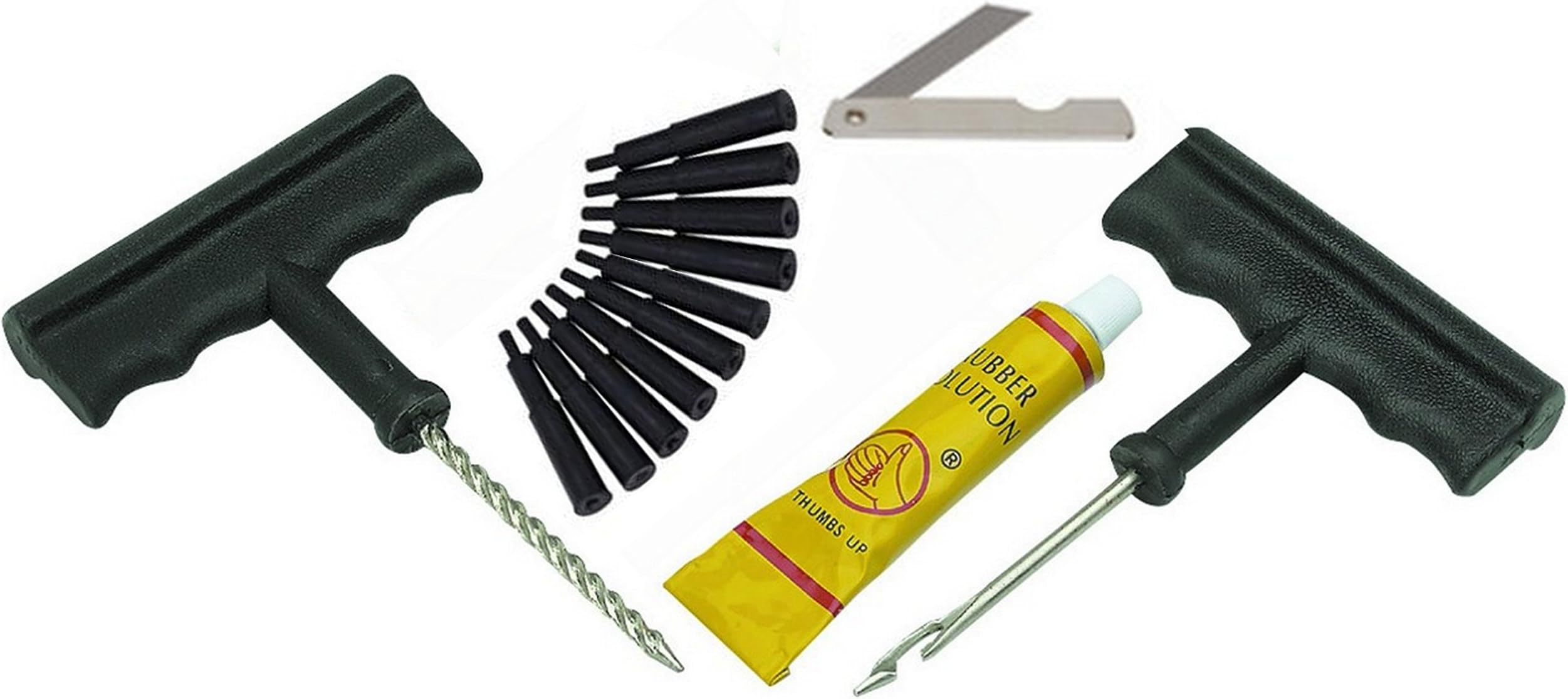 14pc Car Auto Flat Tire Repair Kit- Plugs, T-handle Insert, Rasp, Cutting Blade & Rubber Solution- Made in TAIWAN