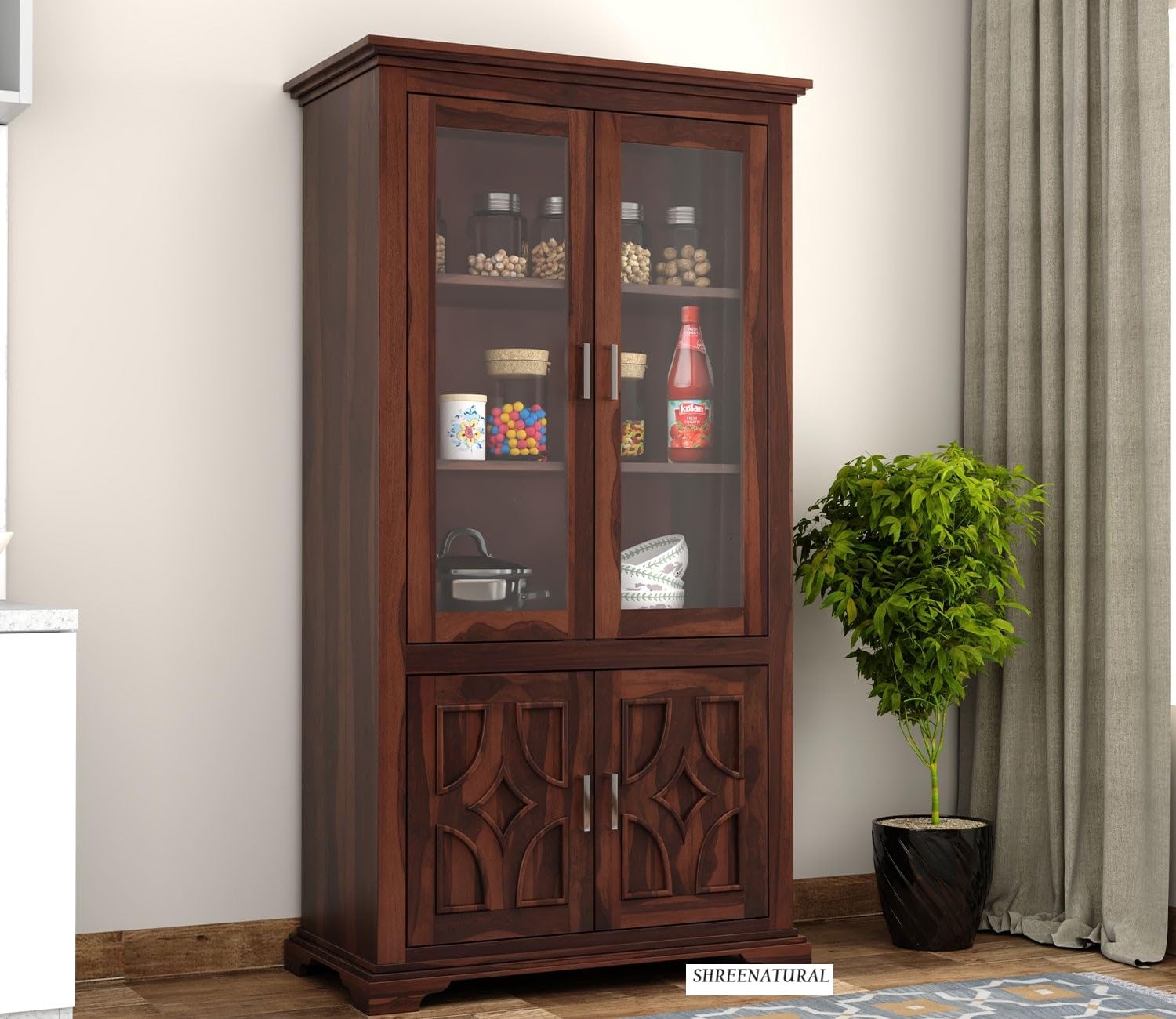 SHREE NATURAL® Solid Sheesham Wood Multipurpose Kitchen Crockery Cabinet Display Rack with 4 Door and 3 Shelf for Living Room| Solid Wooden Book Shelf for Home Office (Walnuts)-image-27