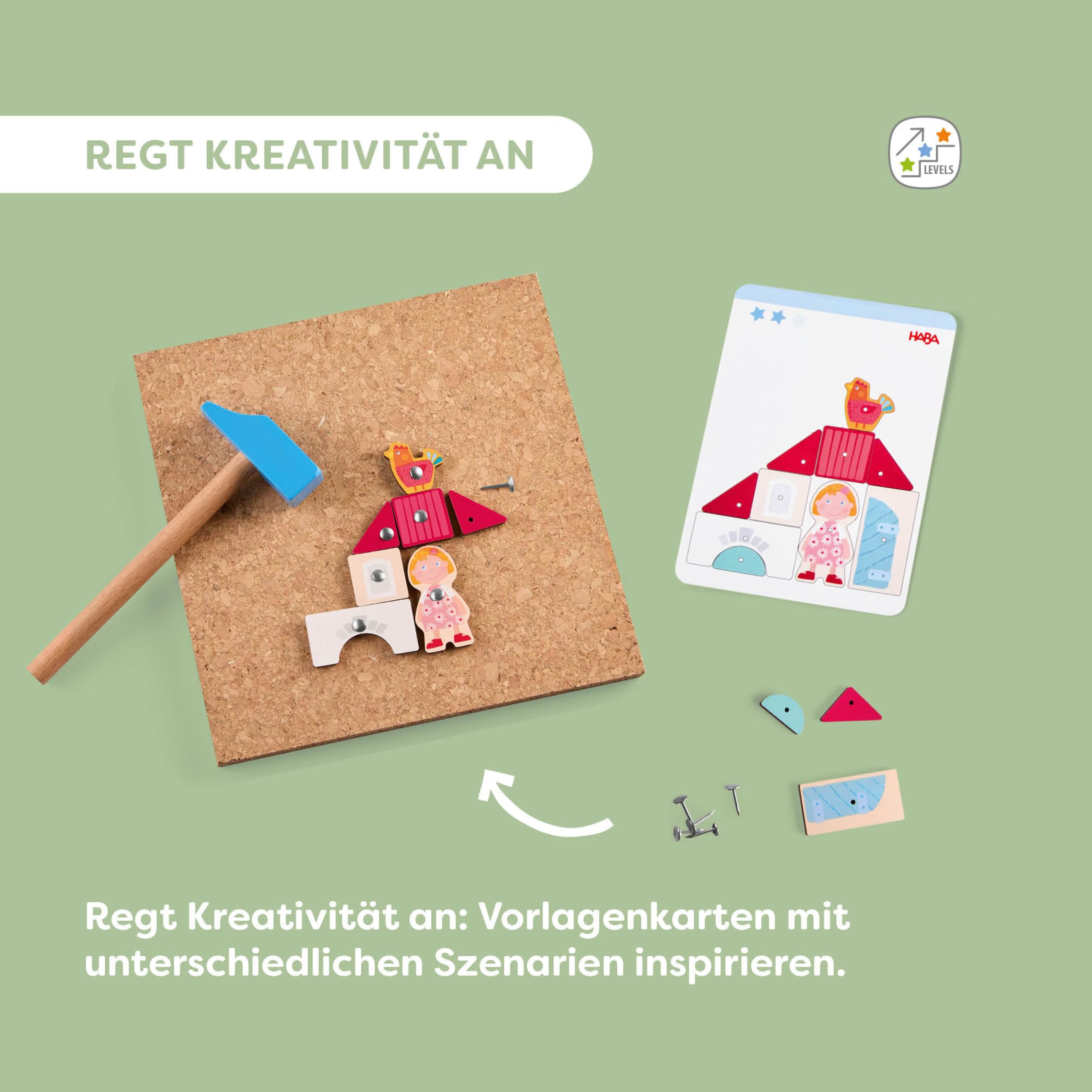 HABA Hammer-Nagelspiel: Bauernhof – Holzspielzeug mit Hammer und Nägel für Kinder ab 3 Jahren – Kreativspielzeug mit Korkplatte & Vorlagen – 2013378001