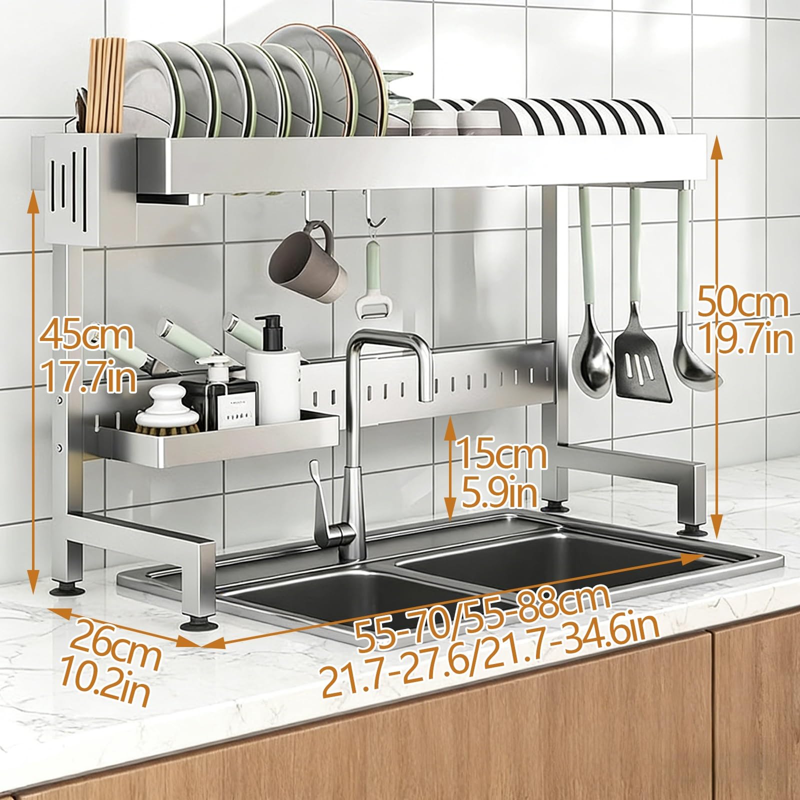 Escurreplatos de cocina ajustable de acero inoxidable para encimera que ahorra espacio (55 88 cm, 8,6 y 87,9 cm) para un secado eficiente y nizat