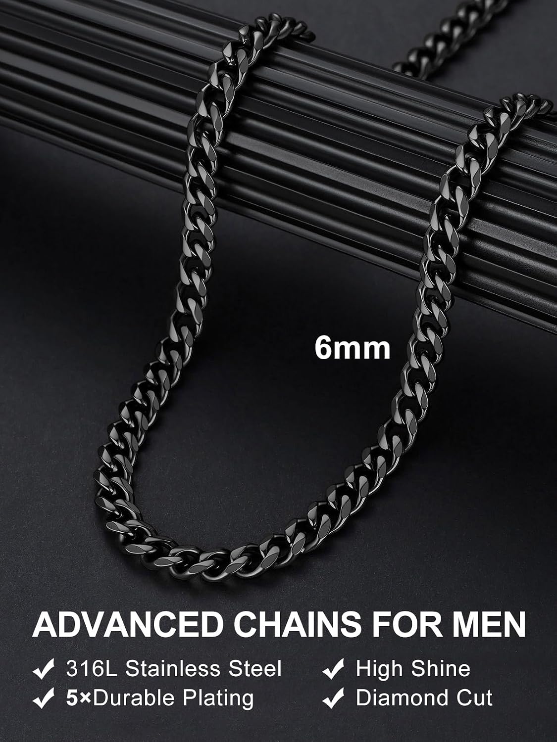Suplight Cuban Link Chain for Men Women, 18K Gold Plated/Stainless Steel Black Miami Curb Cuban Chain Necklace, 3/6/9/12 mm 14-30 Inch Hip Hop Mens Jewelry, Send Gift Box image 3