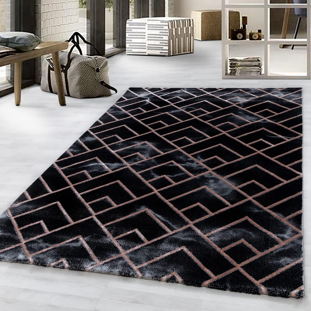 Tapis foncé marbré grand format 160x230 tapis de salon design graphique lignes de bronze