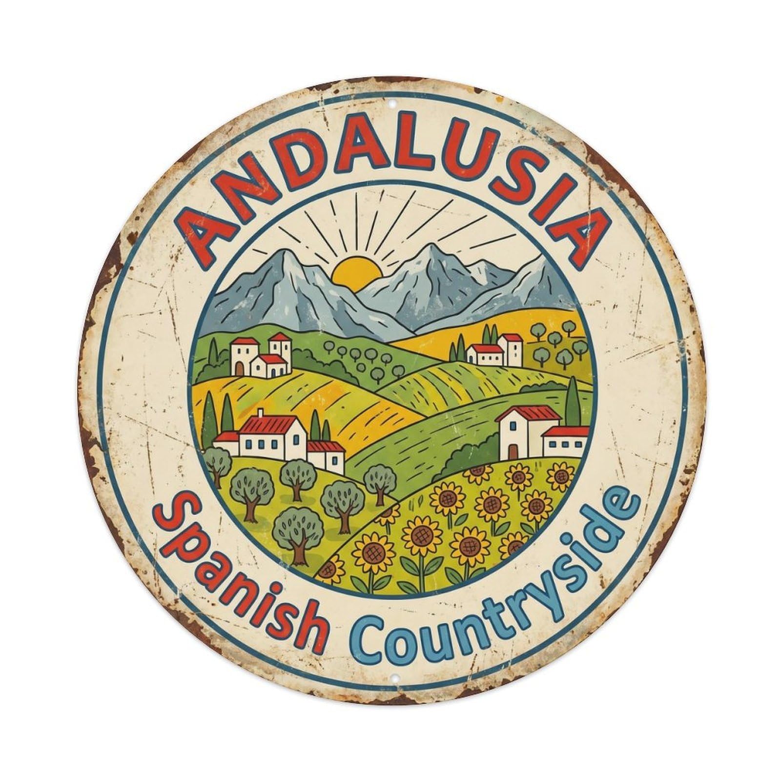 Vintage Travel Countryside Vista Spain Metal Tin Sign Plaque Wall Decor for Cafe, Club, Garden Round Metal Poster 8x8Inch