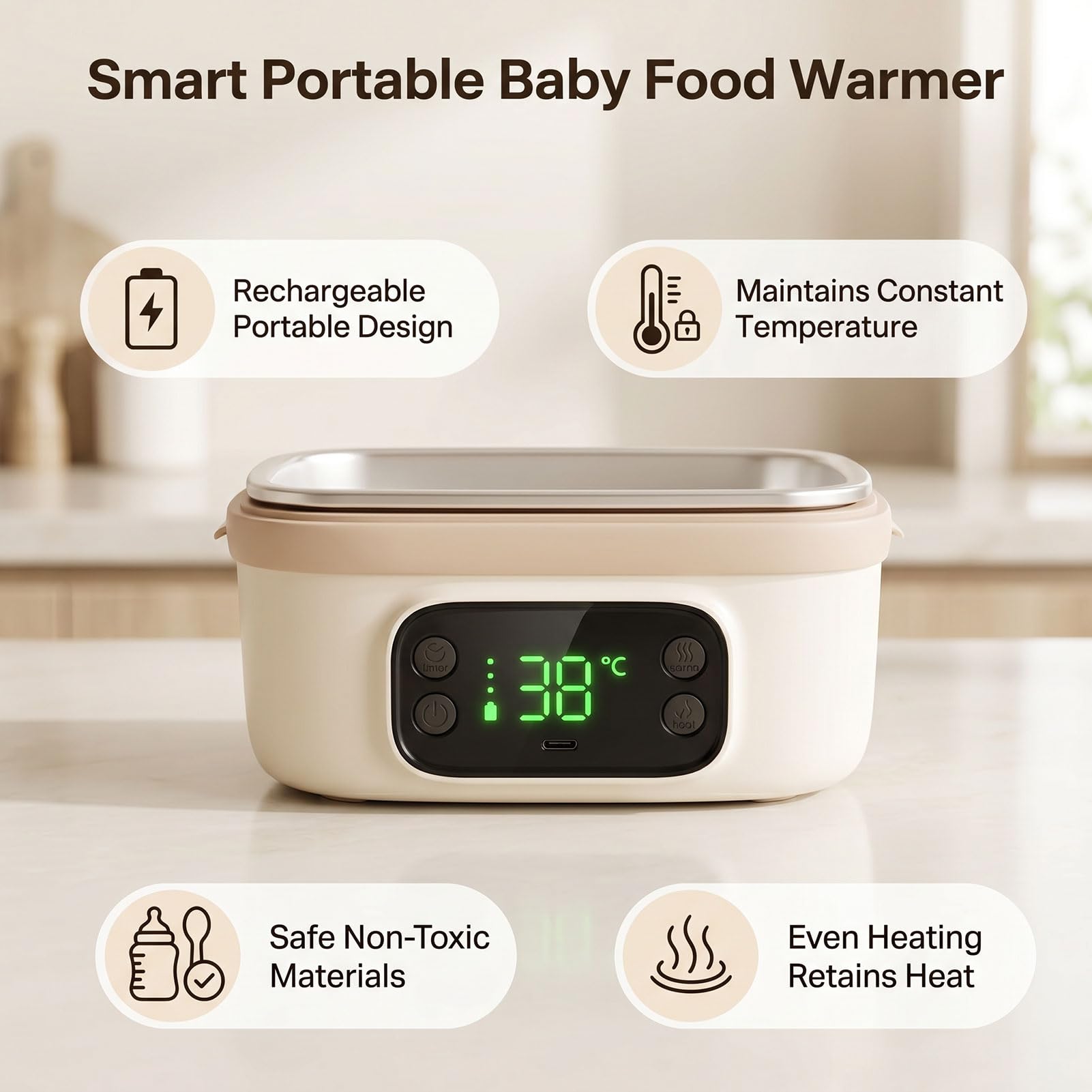 Pssopp Portapranzo Riscaldato, Scaldavivande Elettrico Alimentato a Batteria Ricaricabile Senza Fili in Acciaio Inossidabile 304 Portatile per Auto da Ufficio Riscaldamento Veloce e (Piccola)