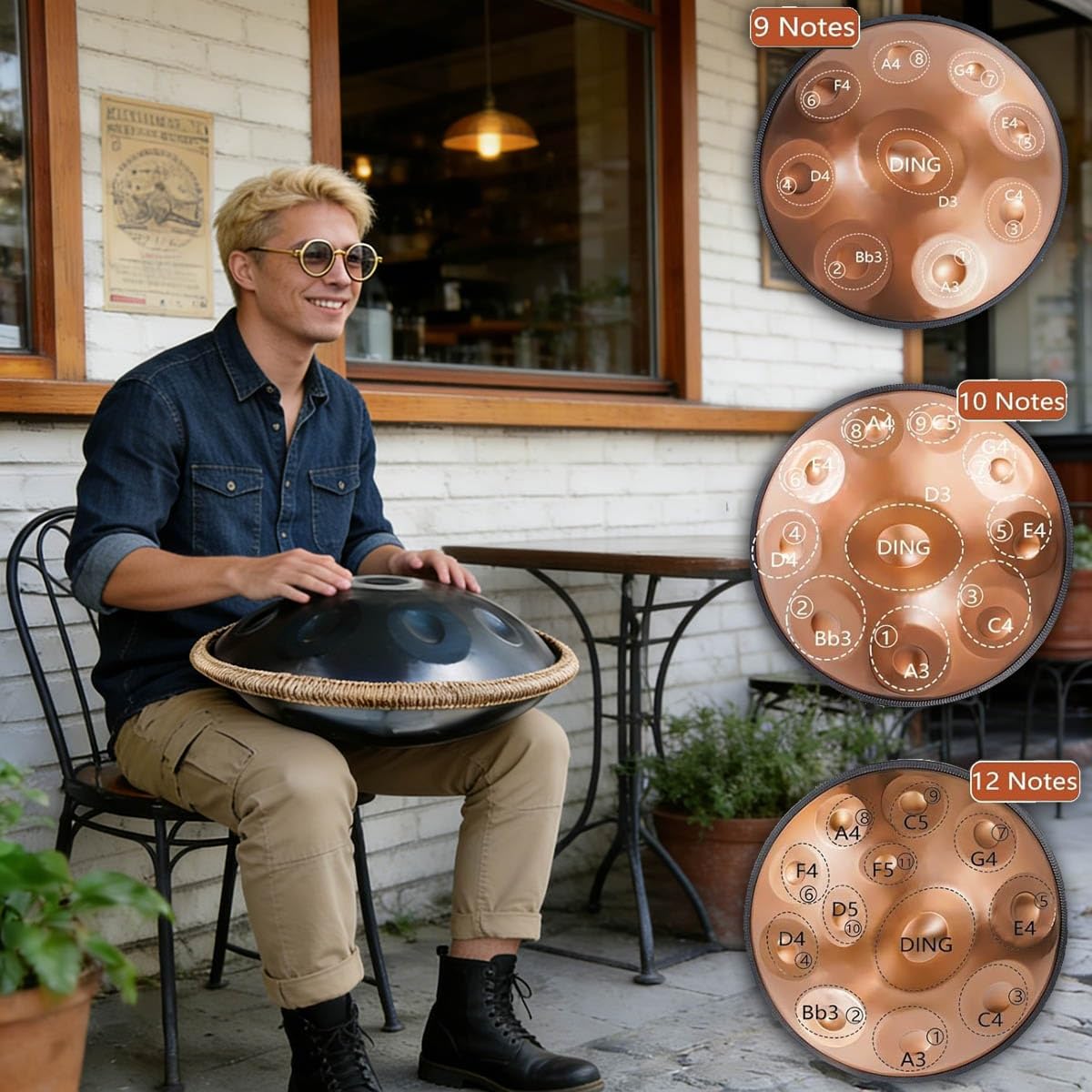 Strumento a Percussione 22 Pollici Re Minore – Tamburo in Acciaio 432Hz/440Hz con 9/10/12 Note, Set di Tamburi a Mano, Handpan Drum in Acciaio per Meditazione e Yoga(Argento,440HZ/9Note)