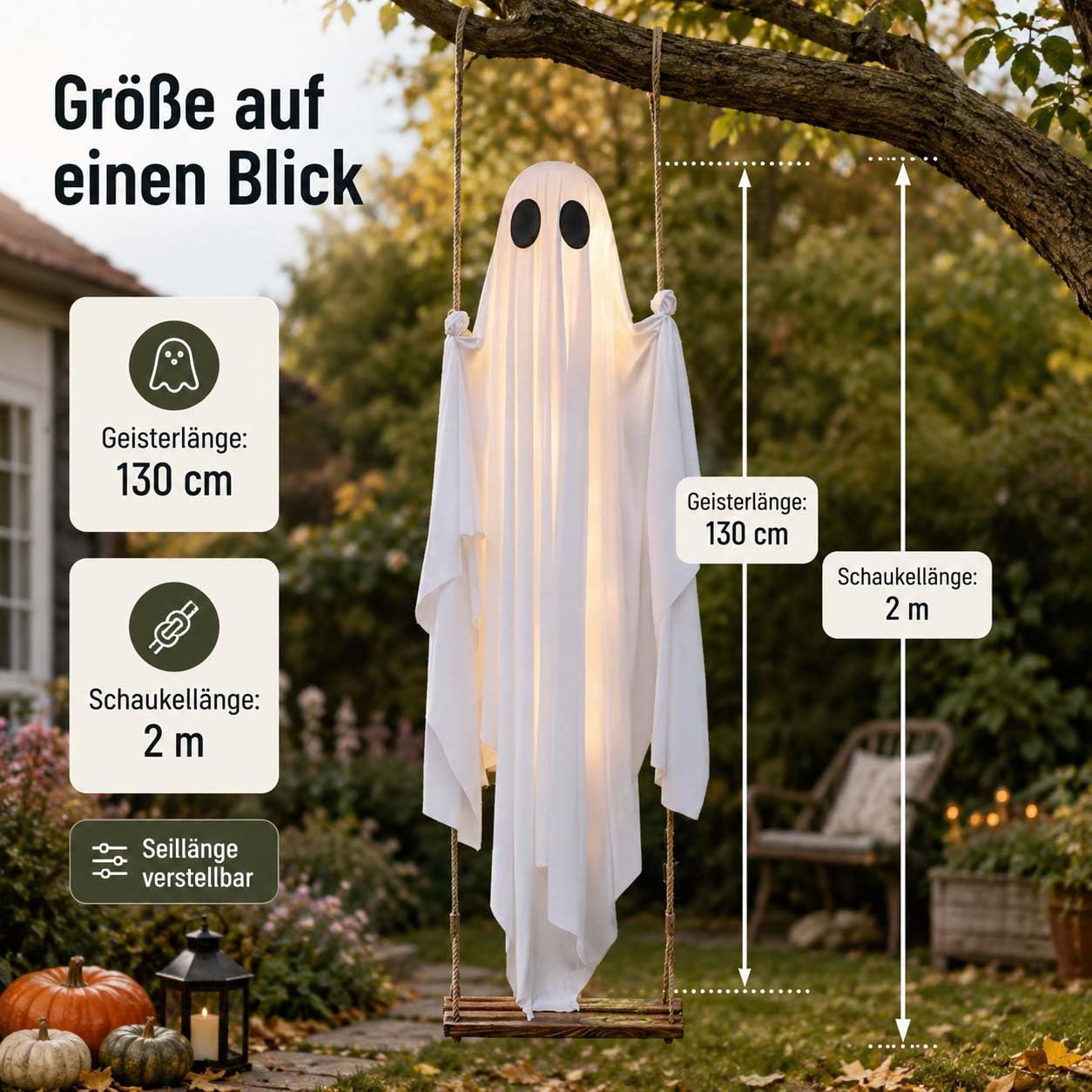 Swinging Ghost mit Fernbedienung & Led, Halloween HäNgender Schaukelgeist, Leuchtende Geist mit Holzschaukel, füR Garten, Hof, Veranda, Feiertage (B-Leuchtend)