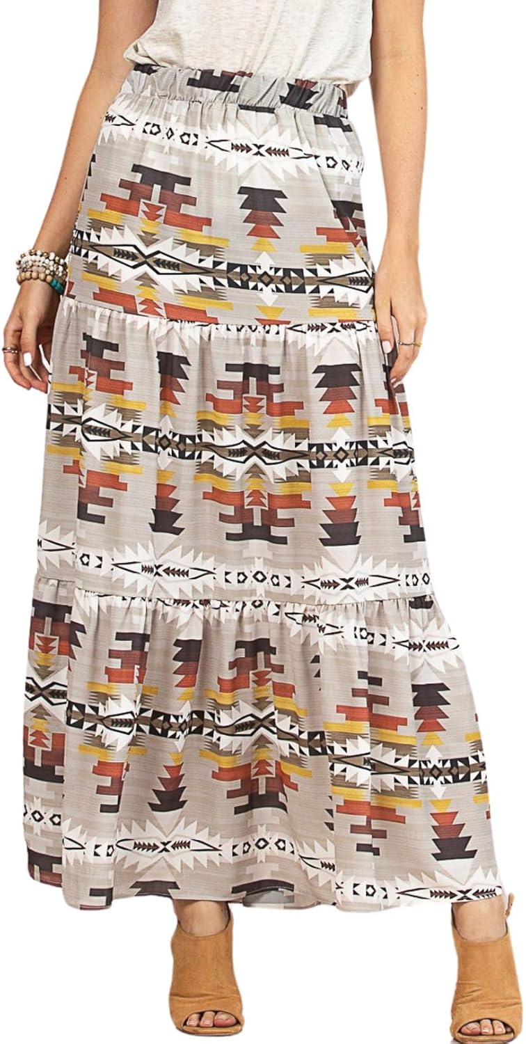 Womens Western Aztec Print Tiered Maxi Skirt – Tribal Cowgirl Skirt