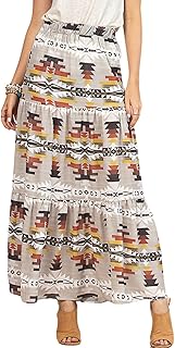 Womens Western Aztec Print Tiered Maxi Skirt Tribal Cowgirl Elastis Waist Skirt Dress