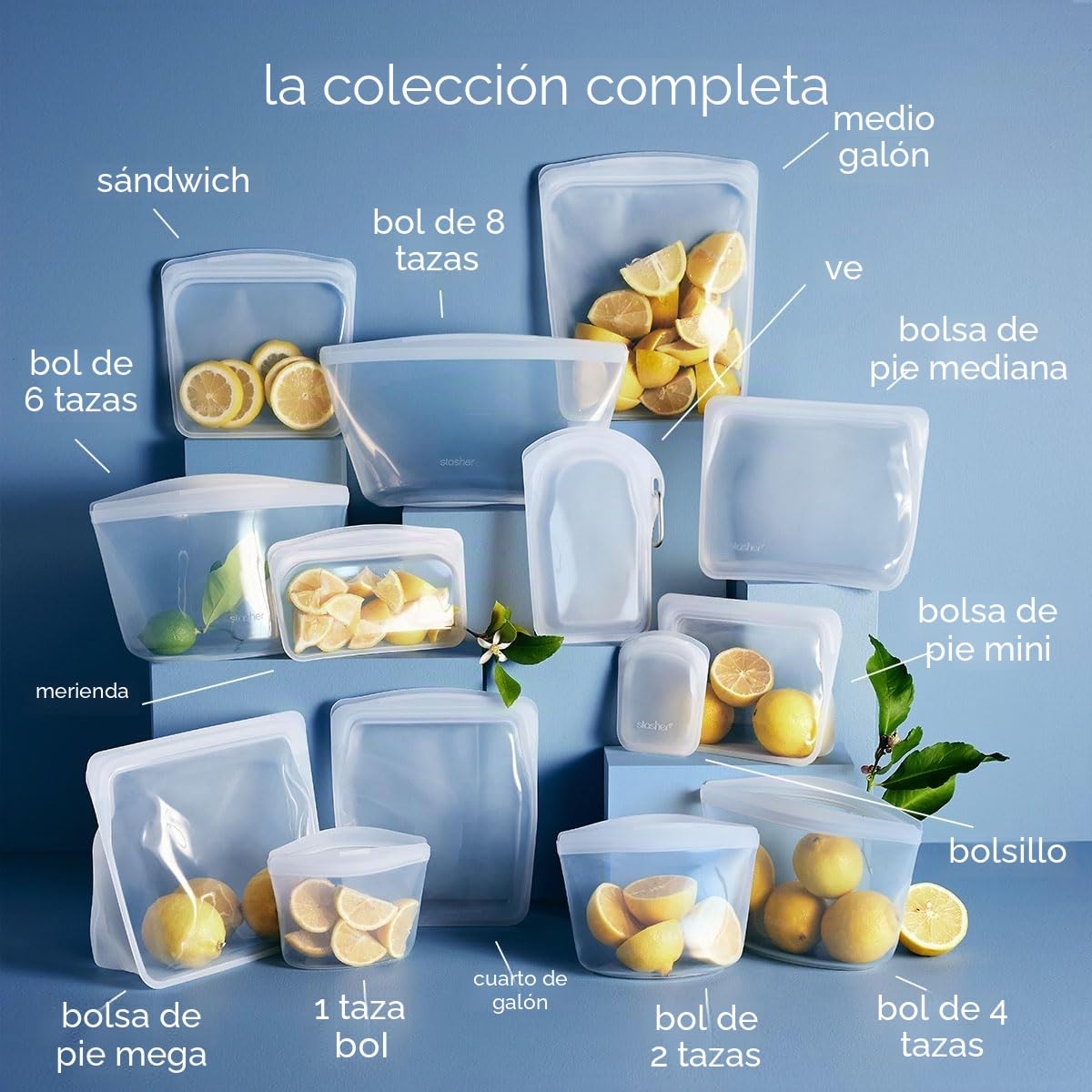 Stasher Bolsa de almacenamiento, reutilizable, reduce el plástico de un solo uso, apta para lavavajillas, respetuosa con el medio ambiente, tamaño grande, azul (aqua), 4 unidades | Bolsas reutilizables para alimentos