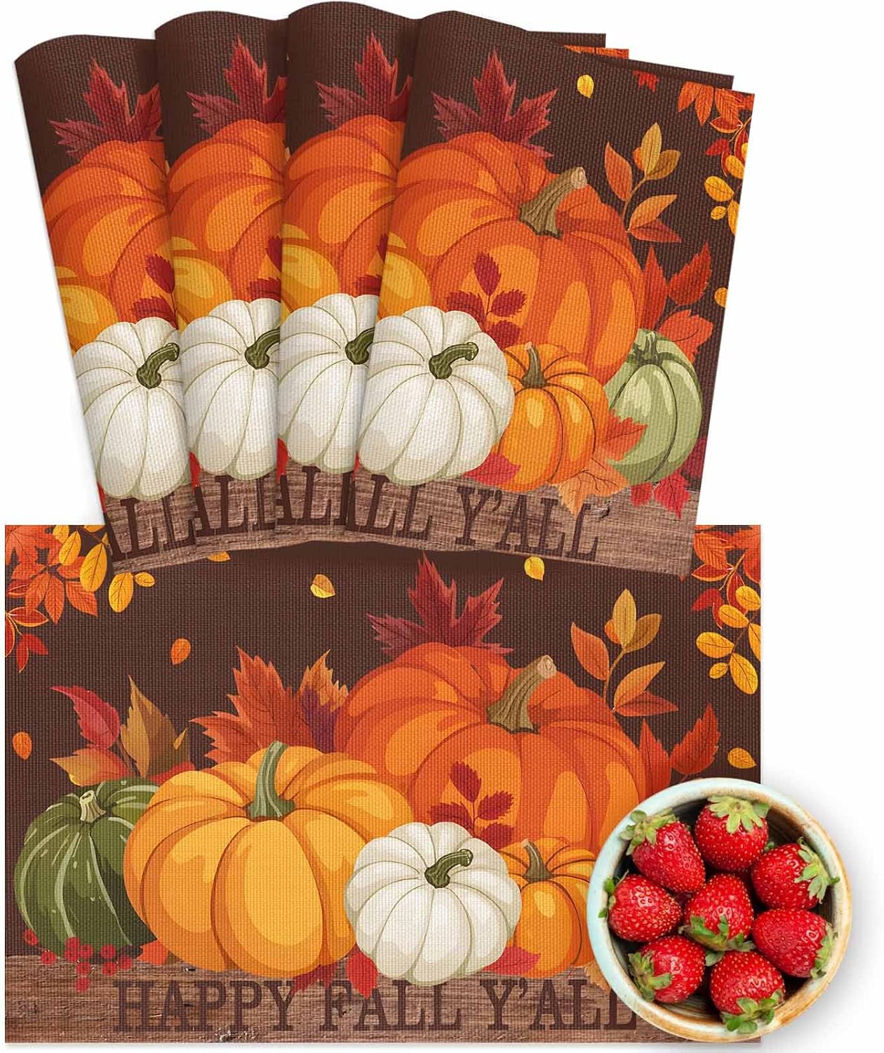 Pumpkin Thanksgiving Placemats Set of 4, Washable PVC Kitchen Table Mats, Autumn Leaf Happy Fall Y'all Brown Wood Woven Vinyl Placemat for Dining Table