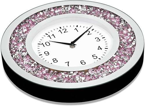 Miniatura 3 de Relojes de pared grandes redondos con espejo de diamante para decoración de sala de estar, reloj de pared de cristal rosa brillante brillante