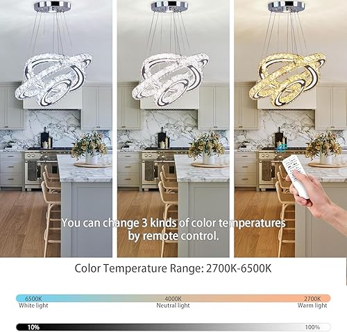 Miniatura 3 de CXGLEAMING Candelabros de cristal modernos de 3 anillos regulables, lámpara colgante LED para cocina, comedor, sala de estar, dormitorio (con