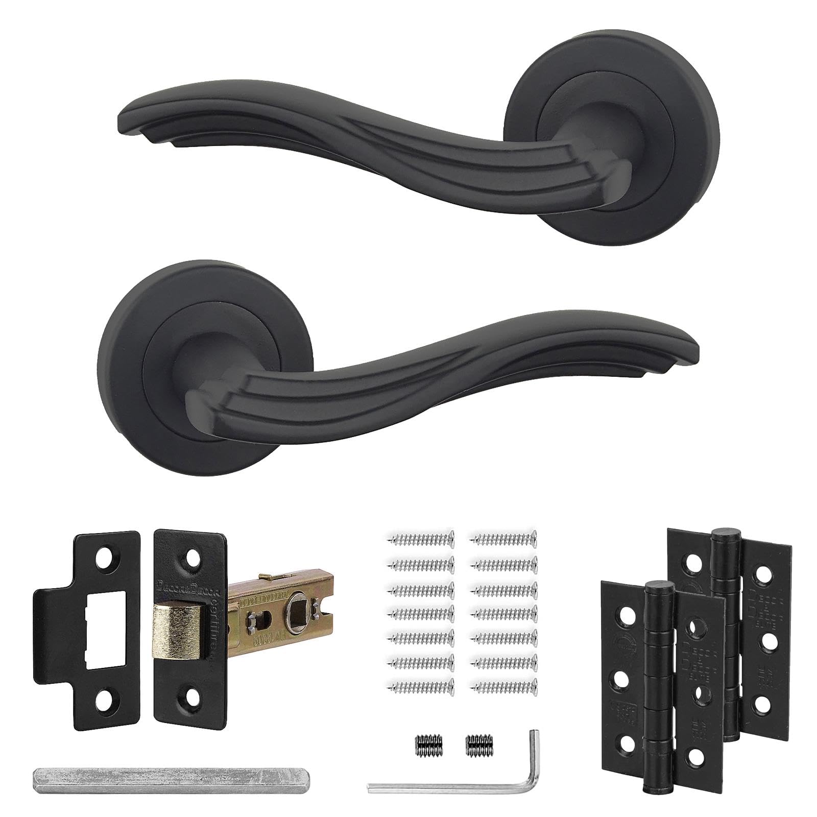 Decoranddecor Solace Antique Brass Aluminium Lever Handles – Vintage Style Internal Door Set for Wooden Interiors with Mortice Latch and Matching Hinges, Classic Design
