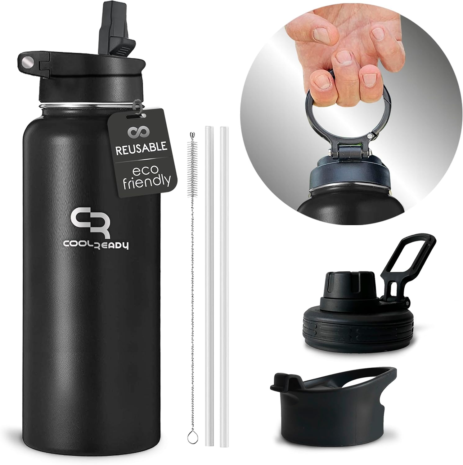40oz Double Walled Insulated Stainless Steel Water Bottle with 3 Leak-Proof Lids (Black) Thumbnail
