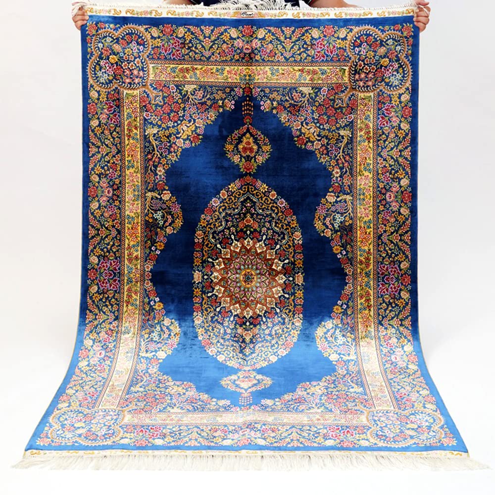 Silk Carpet 4x6 Blue Hand Knotted Vintage Oriental Silk Rug for Living Room