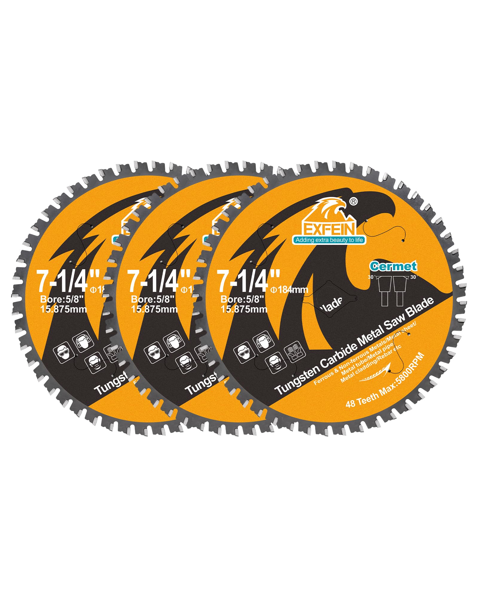 EXFEIN Metal Cutting Blade 184mm 48T for Rebar, Angle Iron, Pipes, Channels, Ceramic Cemented Carbide with 5/8" Arbor, 3-Pack