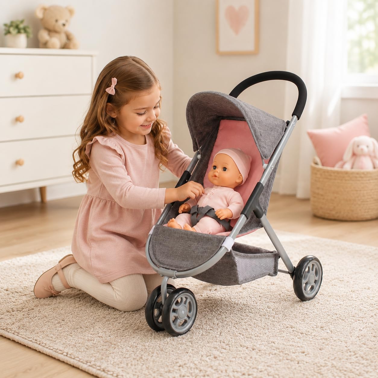 Bayer Chic 2000 Cochecito para muñecas Speedy – Melange Gris y Rosa – Adecuado para muñecas de hasta 46 cm – Altura del Deslizador: 58 cm