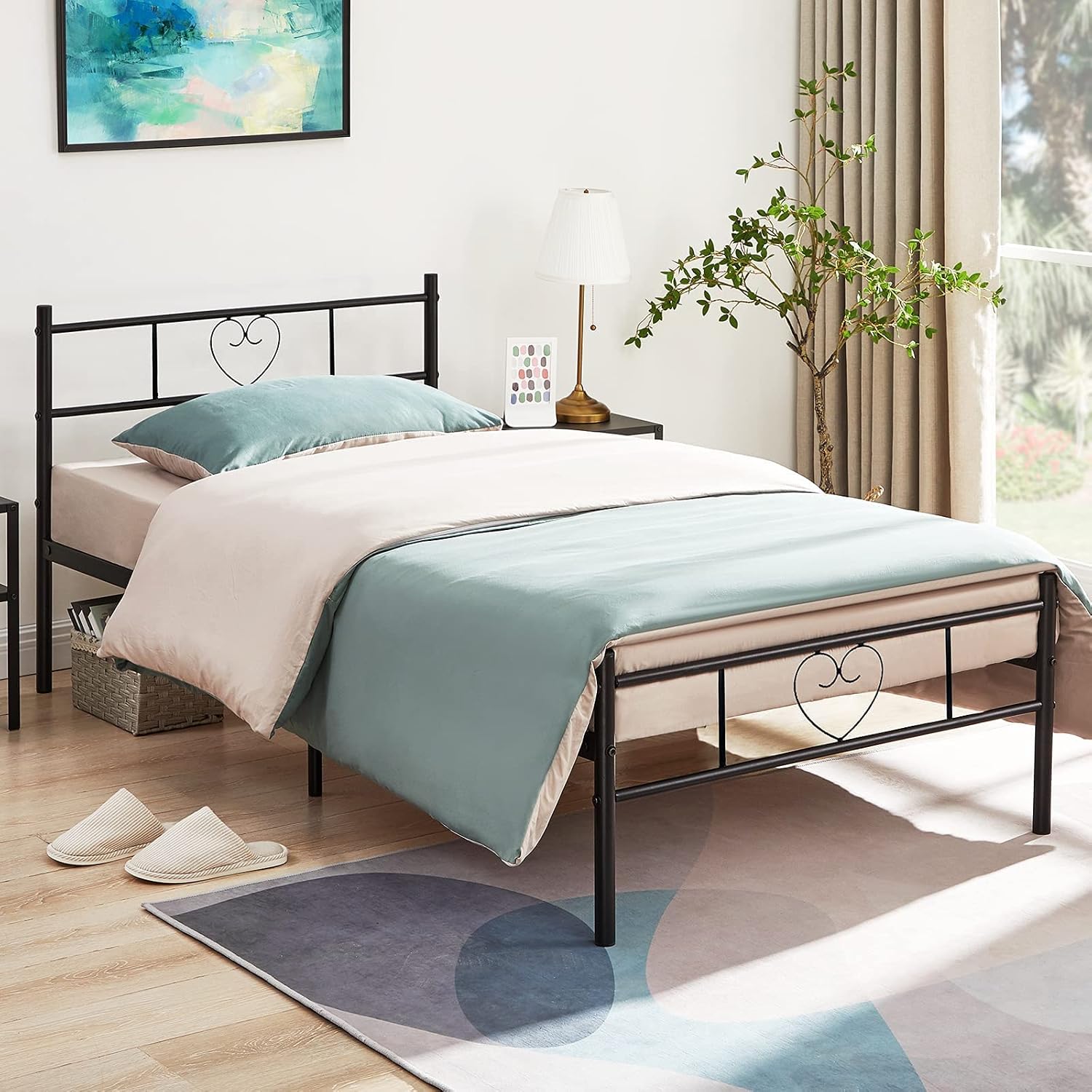 GreenForest Bed Frame Twin Metal Platform Bed with Headboard and Footboard, Sturdy 12 inch Bed with Strong Mattress Foundation No Box Spring Needed, Black