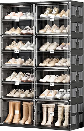 Miniatura 12 de 40 pares de armarios portátiles de almacenamiento de zapatos de instalación rápida de 3 pasos, caja de zapatos de plástico con puerta magnética