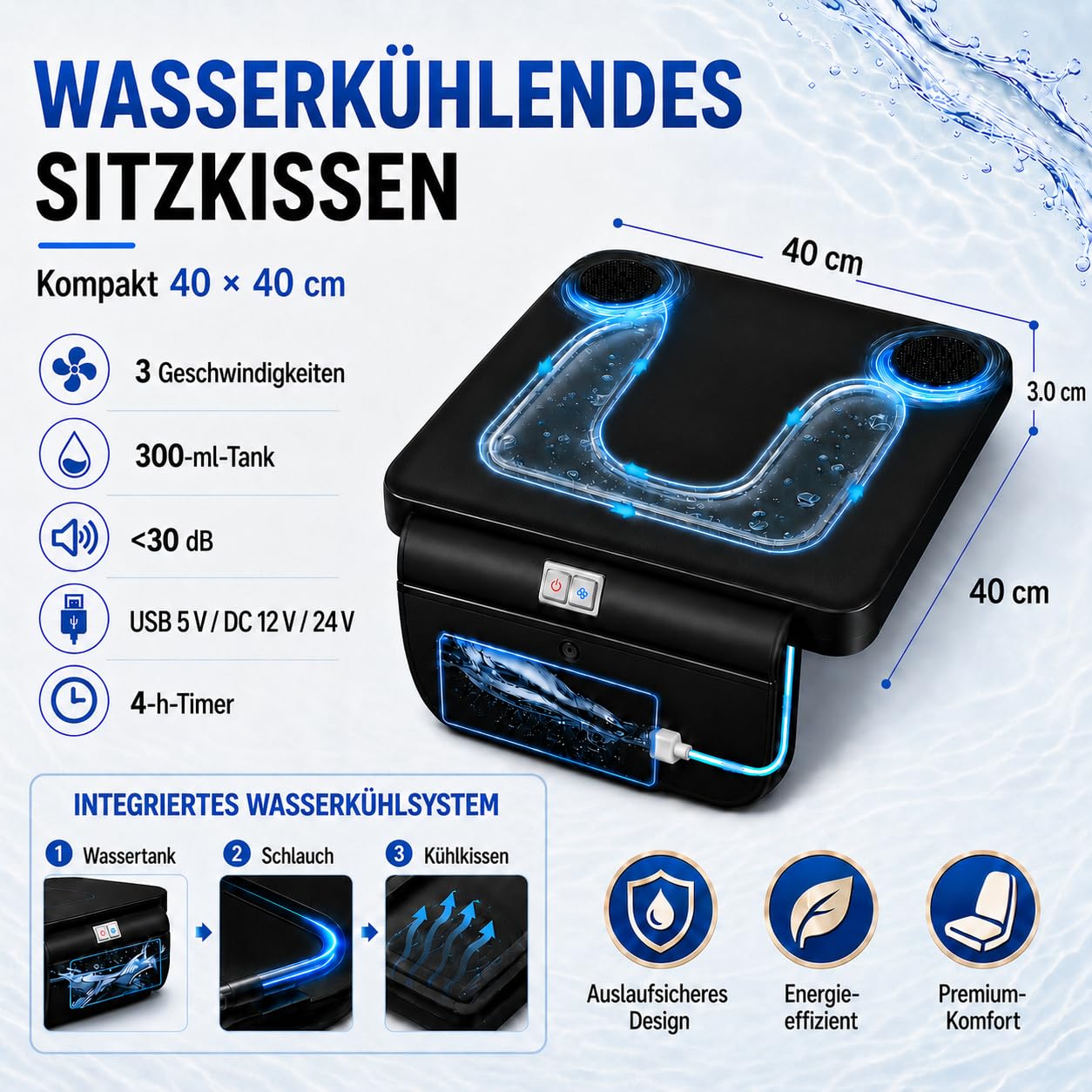 Wassergekühltes Sitzkissen mit Ventilator | Kühlung bis 27°C, 3 Geschwindigkeitsstufen, USB/12V/24V, für Auto und Büro