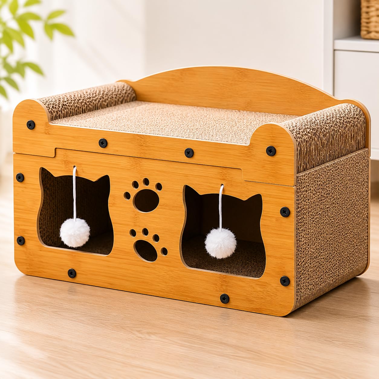 Kratzbaum Kratzfläche Katzenbett Spielzeug Wellpappe Stoff Funktion für Katzen Haustierbereich Wohnung Büro, Doppelschicht mit Doppeltür, 51 x 27 x 30 cm