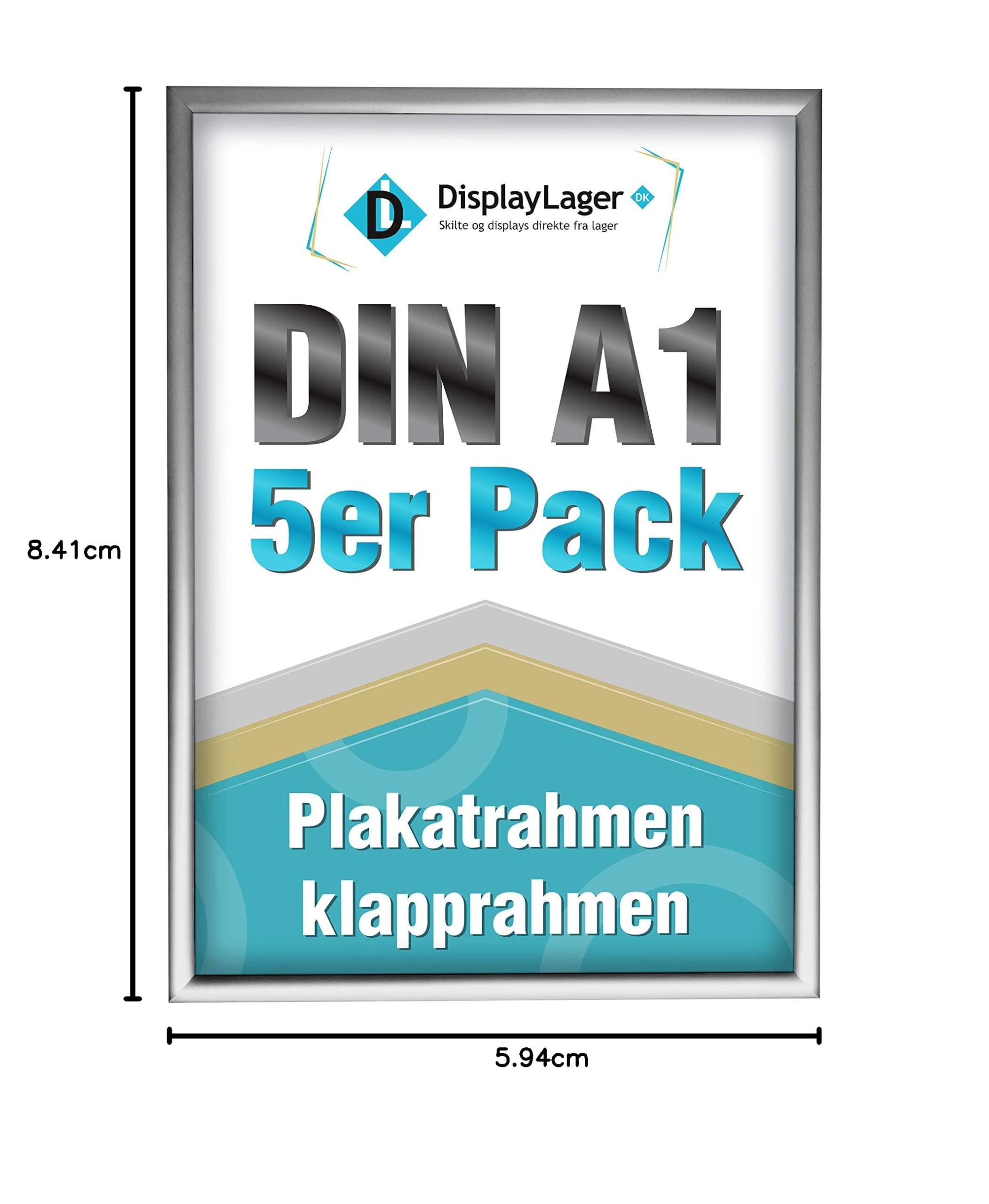 DisplayLager, Calidad danesa – Paquete ahorro de 5 unidades, marco plegable DIN A1 plateado con perfil de aluminio de 25 mm, disco protector antirreflectante, material de fijación