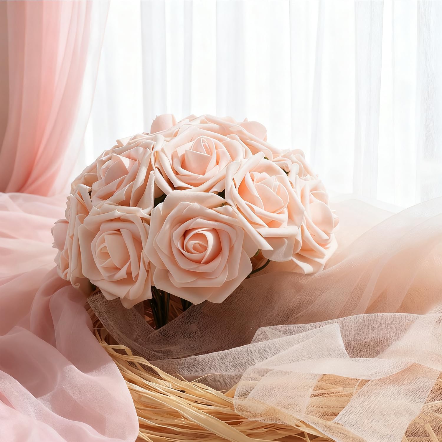 Artificial Flowers Foam Fake Roses 25pcs Champagne Roses with Stems for Home Decor DIY Wedding Bouquets Party Bridal Shower Centerpieces Faux Flower Arrangements Tables Decorations - Image 3