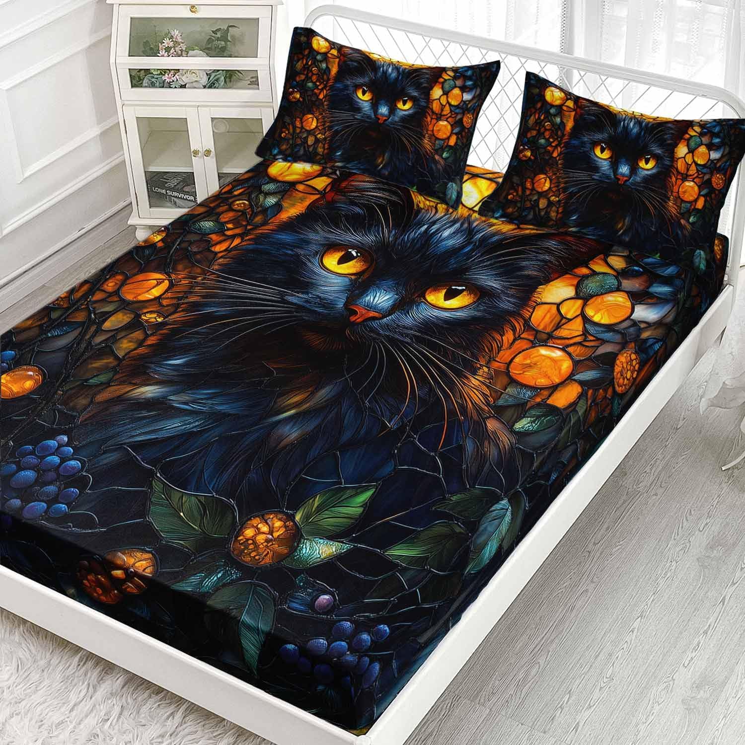 AILONEN Black Cat Bedding Set Twin XL Size,Gold Eyes Cat Sheet Set,Goth Floral Animal Printed Soft Fitted Sheet with 2 Pillowcases,3 Pieces