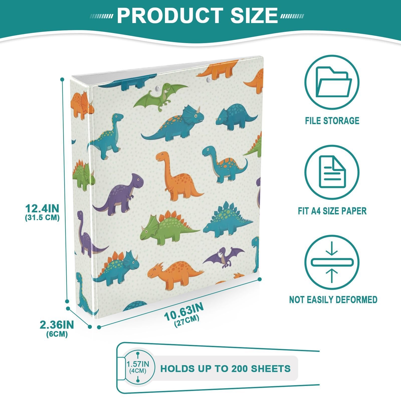 Raccoglitore a 3 anelli con dinosauri colorati in stile cartone animato, 3,8 cm, flessibile con tasche, 3 raccoglitori ad anelli per scuola, università, ufficio (confezione da 2)