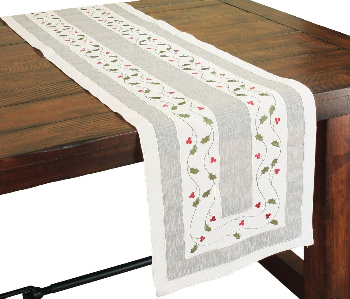 Classic Holly Embroidered Cutwork Christmas Table Runner, 15-Inch by 54-Inch