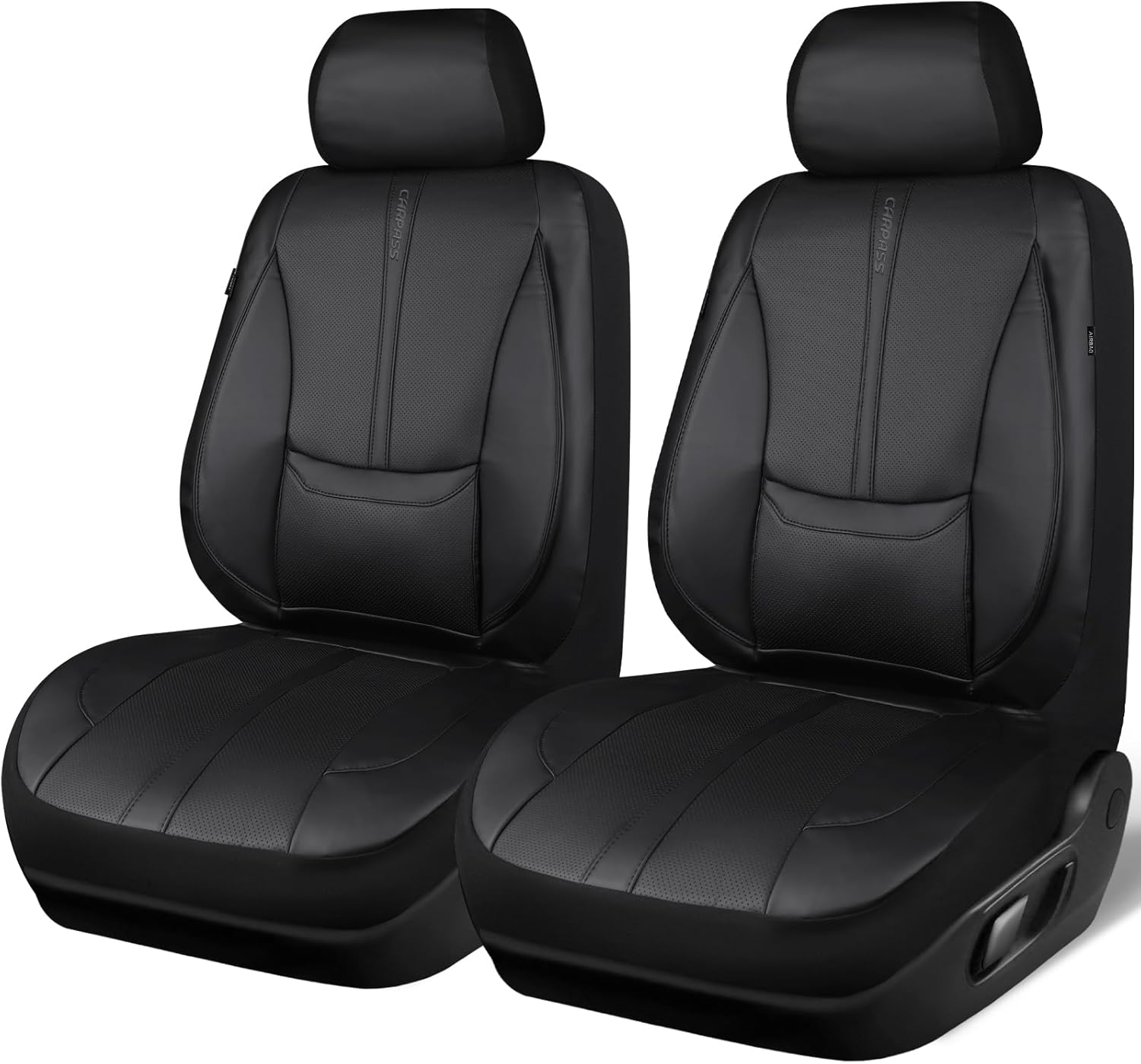 CAR PASS Nappa Leather Car Seat Covers, Water Resistant 3D Foam Faux Leather Seat Covers, Lumbar Support Automotive Seat Covers 2 Front Seats, Comfort & Universal Fit for Cars SUV Truck, Solid Black