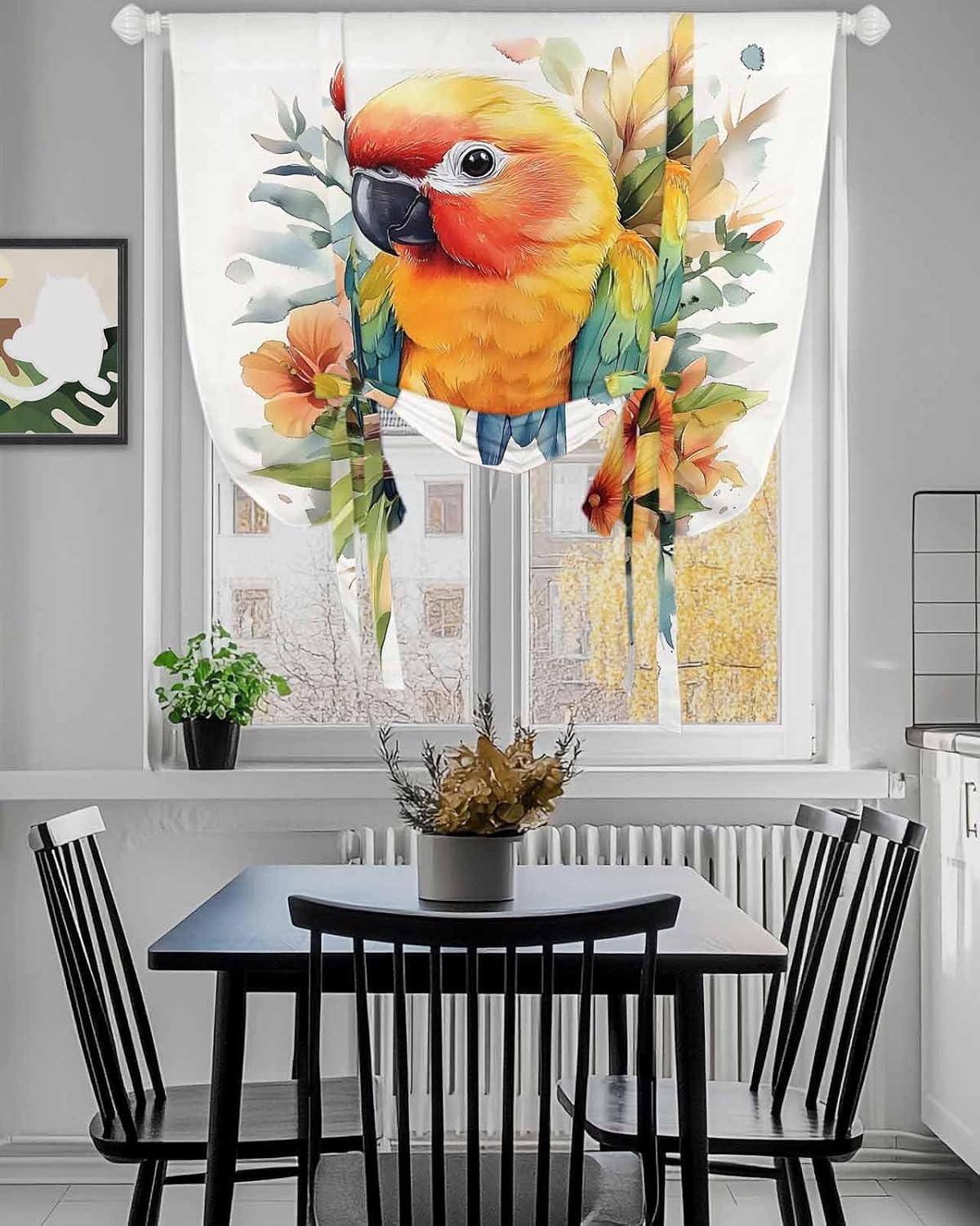 Tie Up Curtain for Windows Parrot Yellow Floral Balloon Window Shades for Bedroom Bathroom Adjustable Rod Pocket Watercolor Leaf Window Treatment Curtains Valance for Kitchen 52" W x 63" L