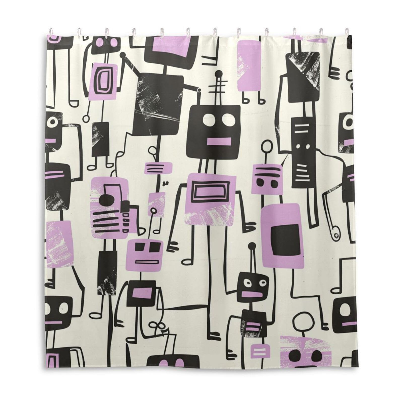 Rideau de douche violet en polyester imperméable 168x183 cm à motifs de robots pour salle de bain