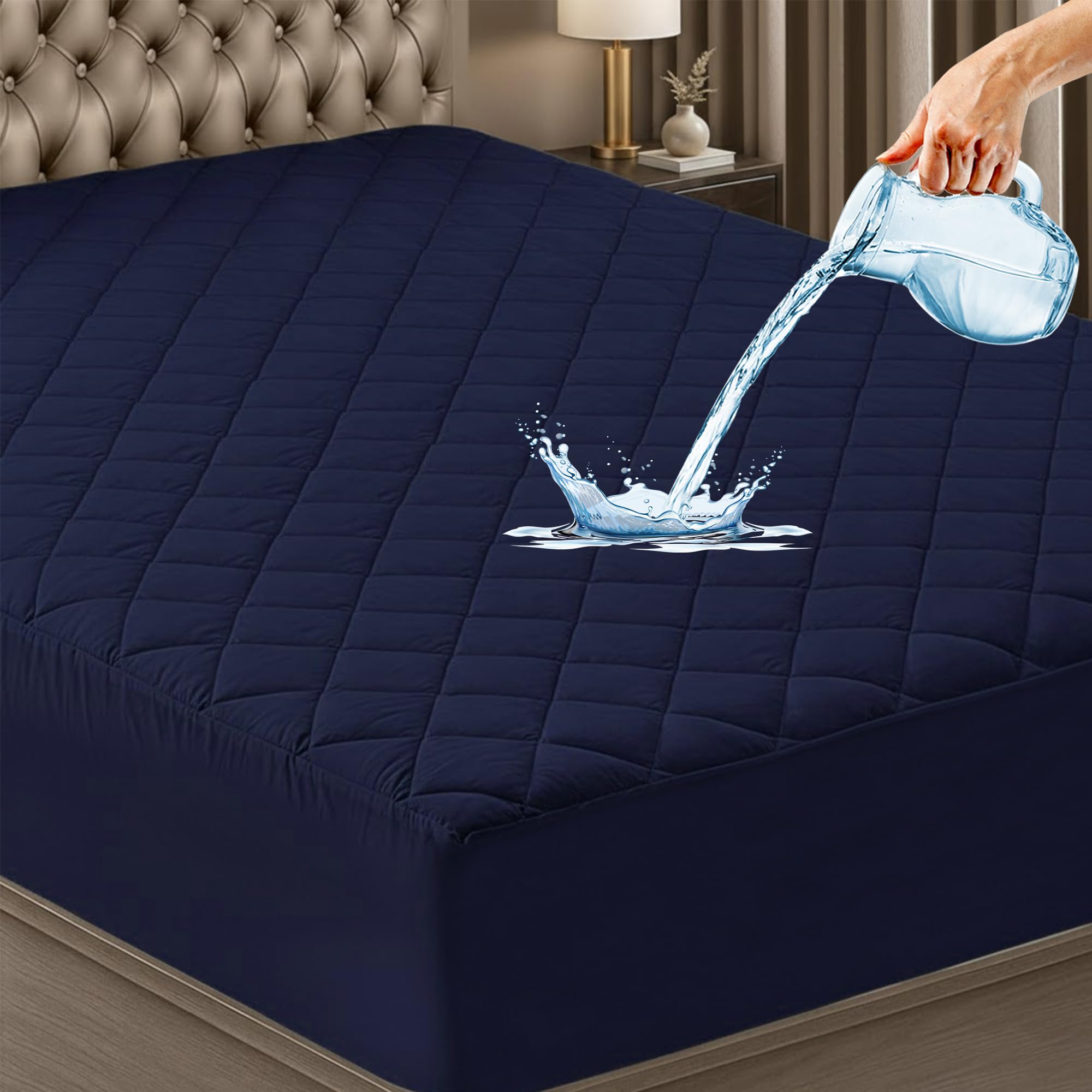 GADDA CO Waterproof Cotton Quilted Mattress Protector King Size (78x72 Inch / 6.5x6 Ft) | Breathable Hypoallergenic Noiseless Ultra Soft Fitted Bed Protector | Mattress/Bed Cover - Dark Blue
