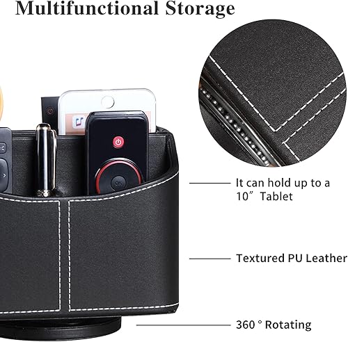 Miniatura 9 de YAPISHI Soporte para control remoto de cuero antiguo, escritorio giratorio de 360 grados, organizador de mesa de noche para controlador, medios,