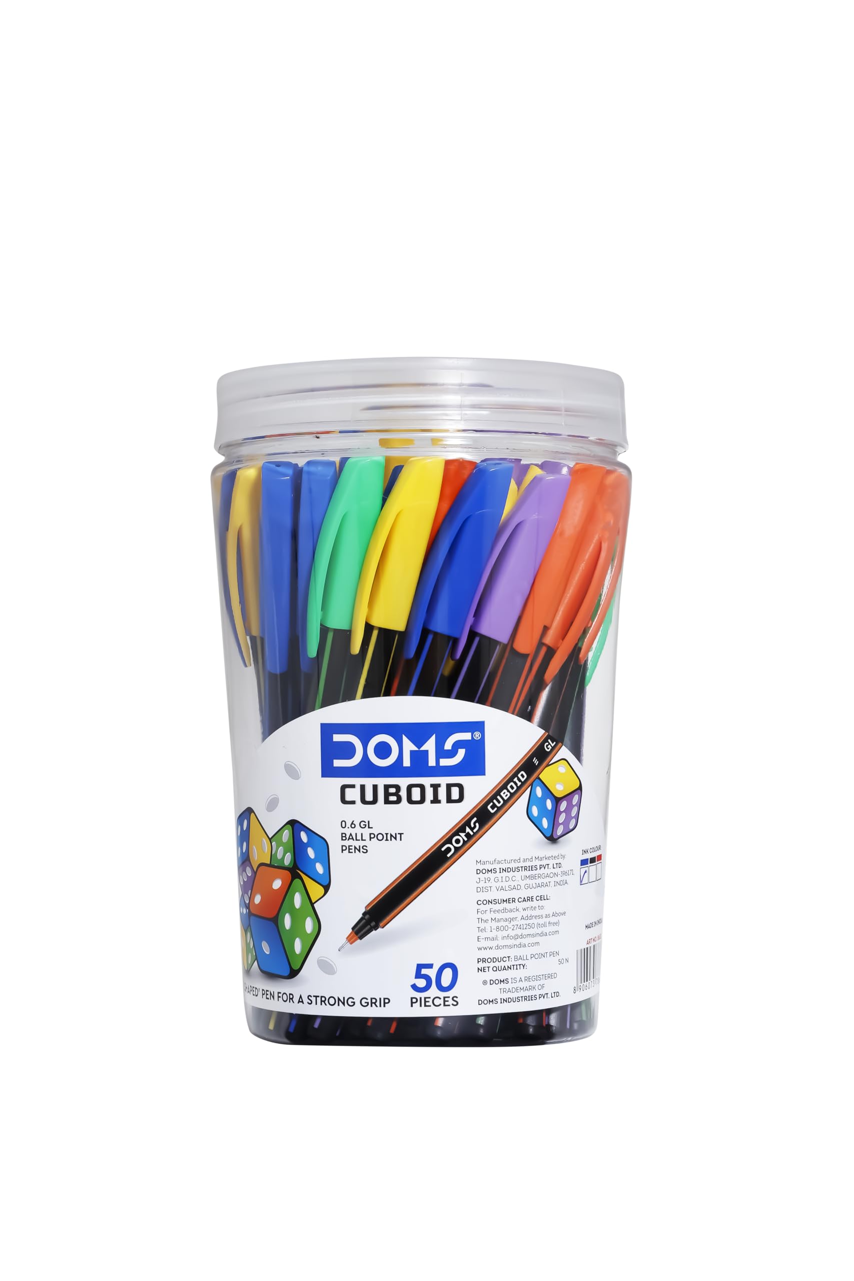 Doms Cuboid 0.6 mm Ball Pen Jar Pack | Square Shaped For Strong & Better Grip | Lightweight & Colorful Body Design | Soft Tip For Flawless & Smooth Writing | Blue Ink, Pack Of 50 Pens