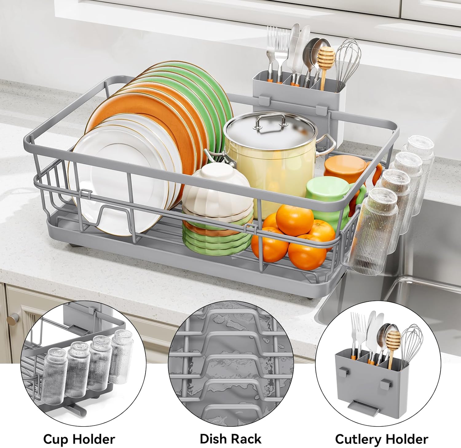TOOLF Dish Drying Rack, Dish Racks for Kitchen Counter, Stainless Steel Sink Organization and Storage Essentials with Cutlery Holder, Dish Drainer, Home and Appartment Decor, 12.4''W x 16.5''L, Gray