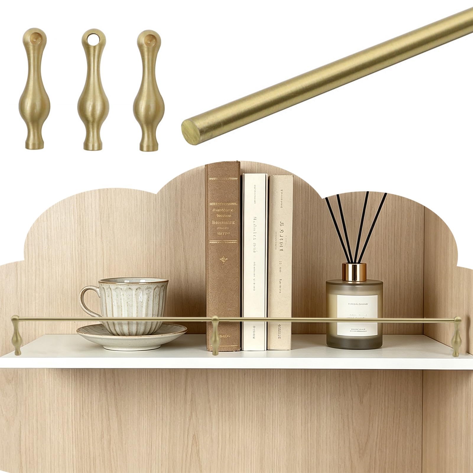 Vintage Style Brass Shelf Rail, Decorative Anti-Tipping Guardrail with 3 Posts, Thin Floating Shelves Railing Hardware for Cabinet Pantries Bookshelf(Style B,24in(61cm))