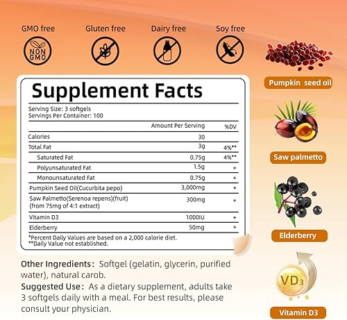 Miniatura 7 de Aceite de semilla de calabaza con palma enana americana, 300 cápsulas blandas  Vitamina D3 4 en 1 y baya de saúco, 3000 mg de aceite virgen puro